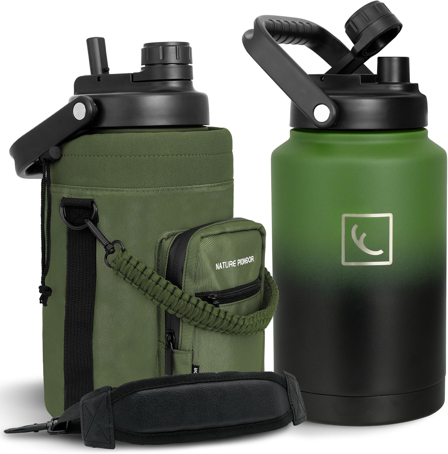 NATURE PIONEOR 1 Gallon Insulated Water Bottle - Double Vacuum Stainless Steel 128 oz Water Bottle with Holder, Wide Mouth & 2-in-1 Lid (Flip Straw & Spout), 1 Gallon Water Jug, Hiking, Camping, Gym