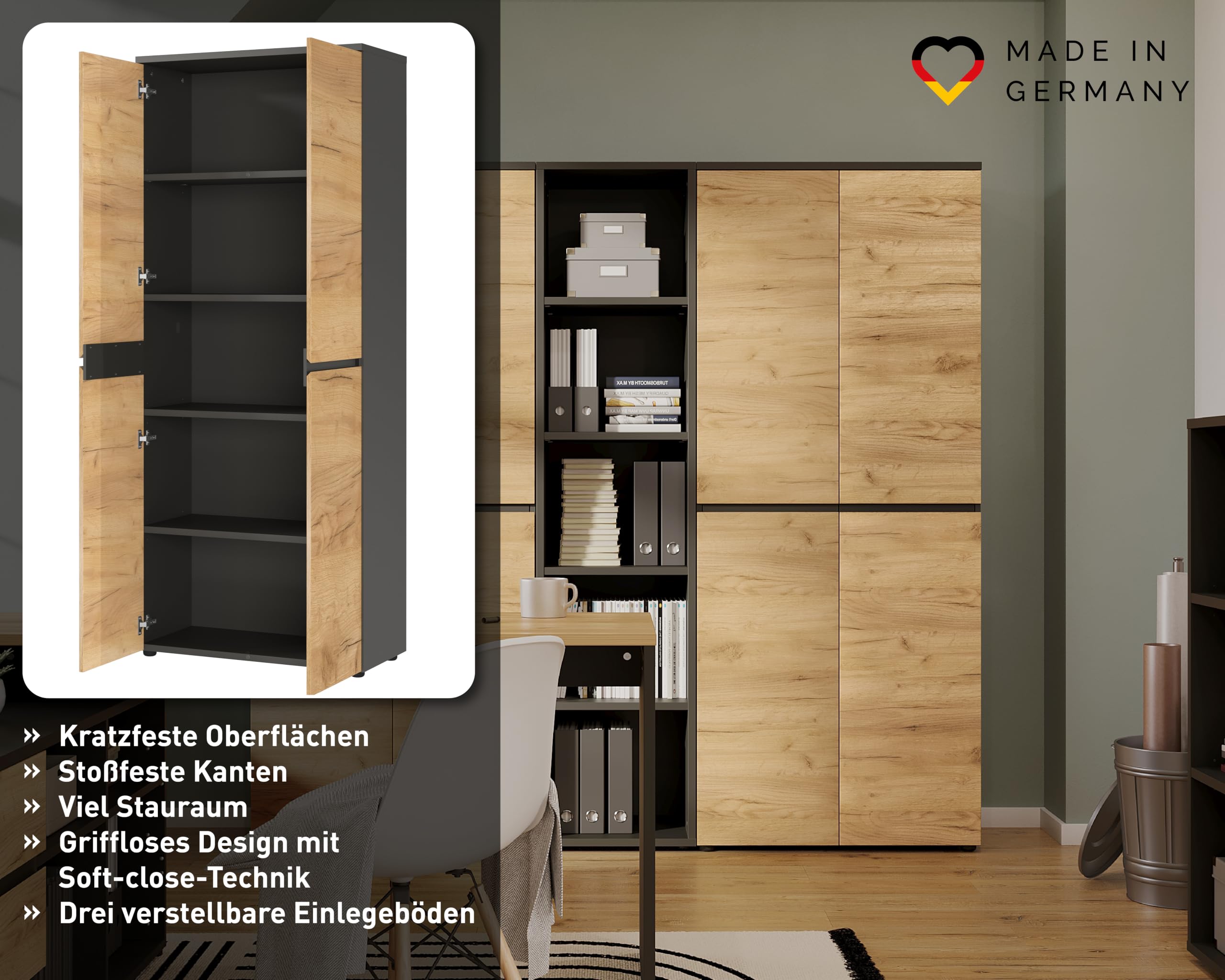 Aktenschrank GW-Lissabon, mit Zwei Türen und Vier verstellbaren Einlegeböden, griffloses Design, 80 x 197 x 40 cm (BxHxT)