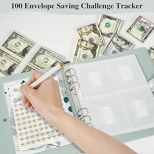 Miniatura 5 de Hiwhy Carpeta de desafío de ahorro de 100 sobres, carpeta de presupuesto de cuero para planificar y ahorrar $5050, planificador de ahorro diario,