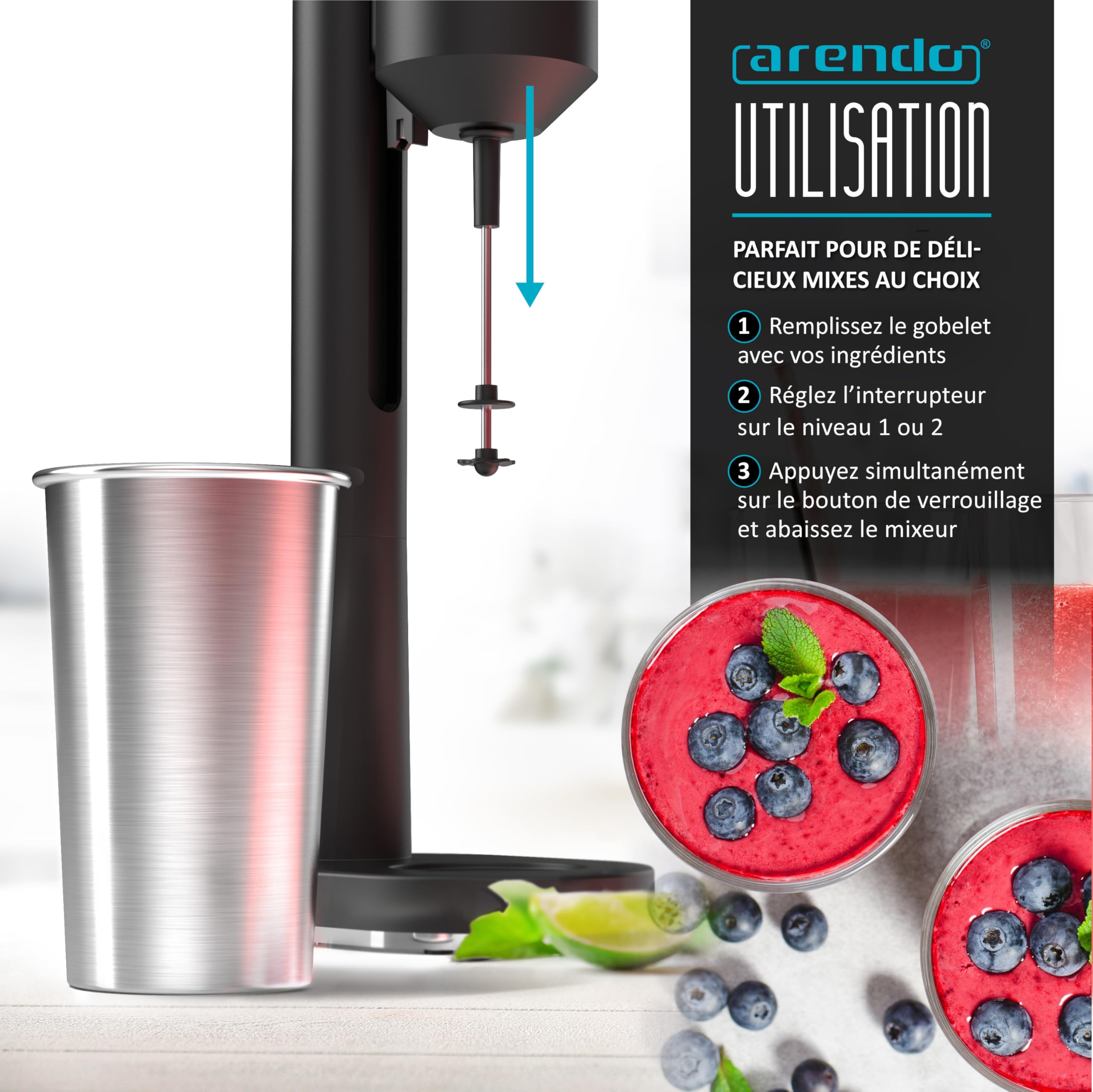 Arendo - Mixeur à Boissons et Milkshakes avec Gobelet en Inox 500 ml/250 ml - 100W, 22 000 tr/min, 2 Vitesses, Double Fouet