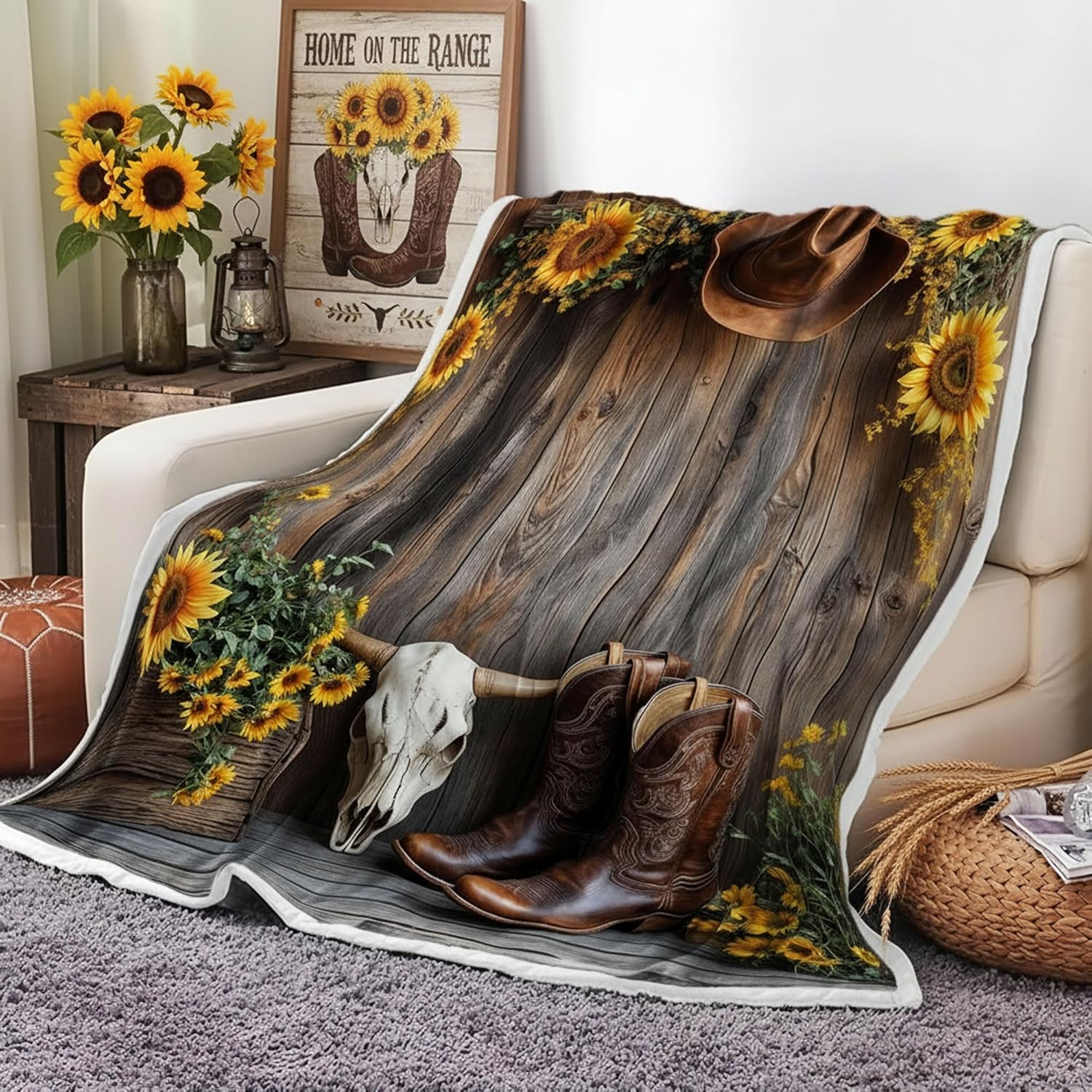 Western Cowboy Throw Blanket, Farmhouse Barn Southwest Country Sunflower Cowboy Boots Floral Soft Warm Cozy Plush Comfy Blanket for Couch Bed Sofa Rustic Southwestern Decorative Throws 60X80in