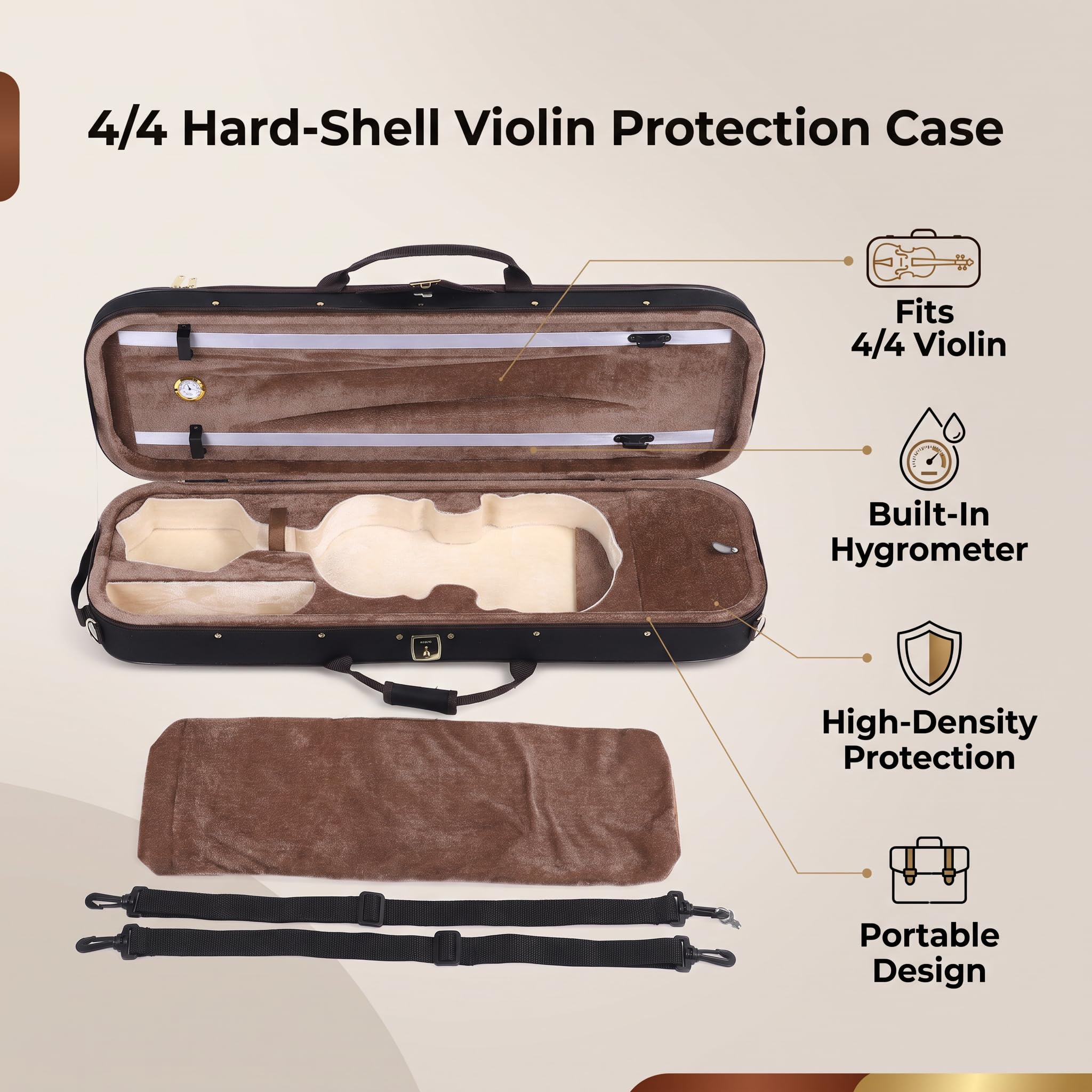 Caja de Violín de Tamaño 4/4 con Higrómetro Incorporado Material Reflectante de Carcasa Dura para Protección de Instrumentos Musicales