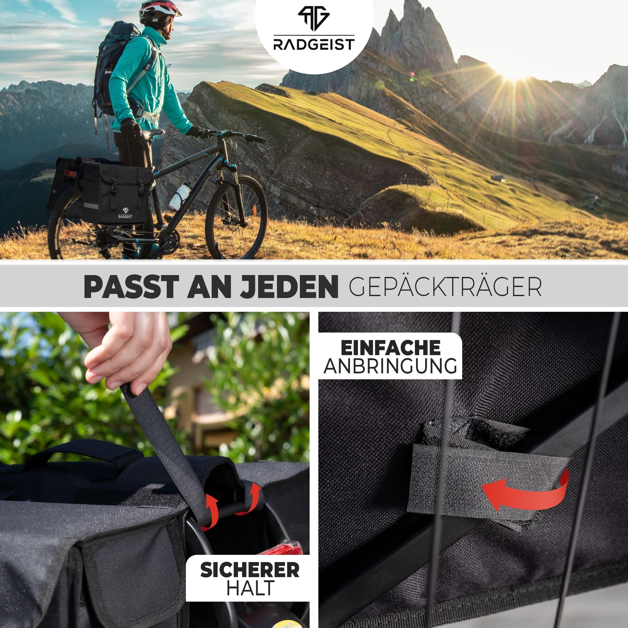 RADGEIST Gepäckträgertasche doppelt I Doppeltasche für Gepäckträger 27L I Einfache Befestigung, Fahrradtasche doppelt Gepäckträger schwarz - Fahrrad Packtasche