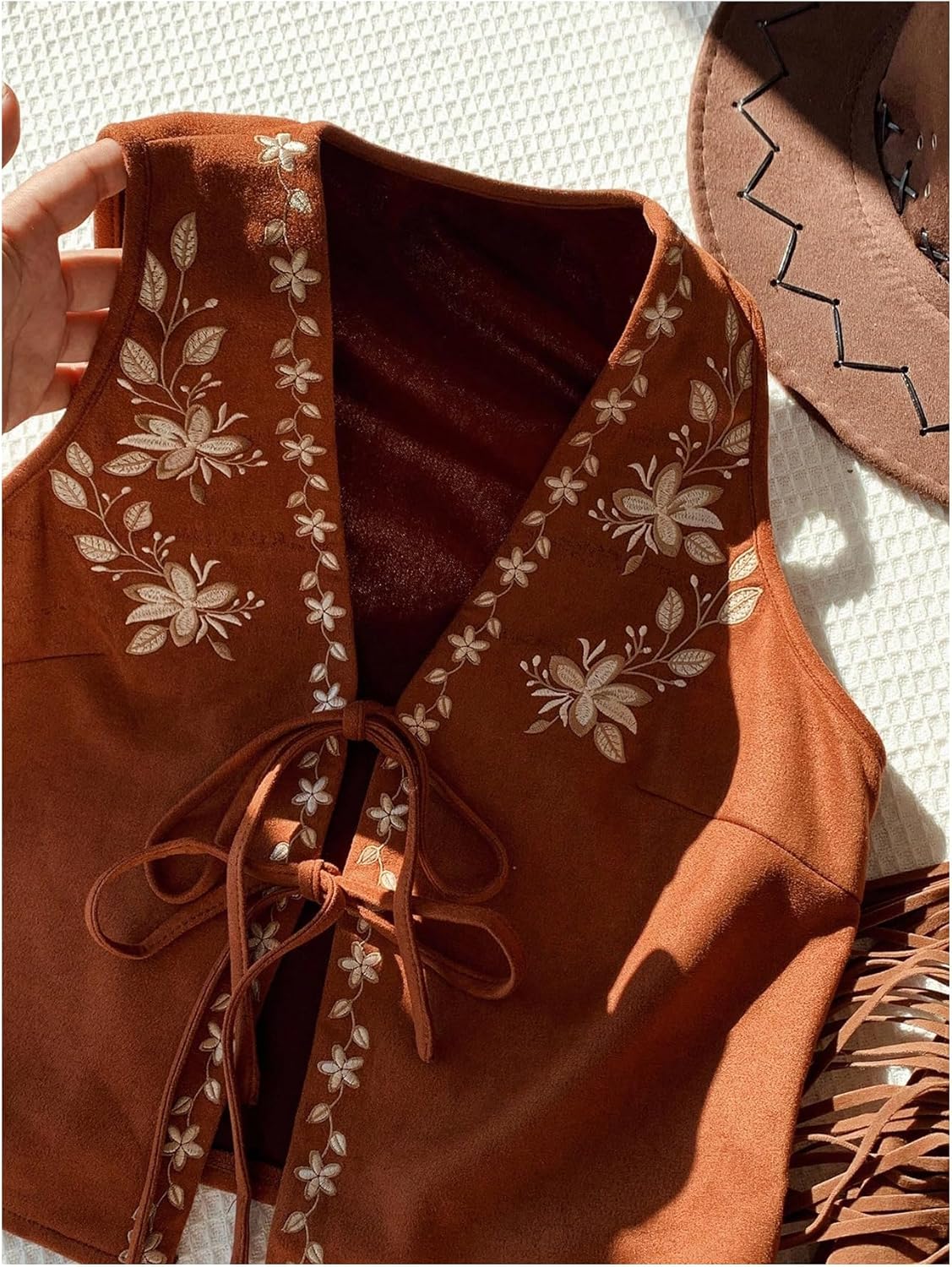 GORGLITTER Women's Western Suede Vest Boho Floral Embroidered Tops Tie Front Cowgirl Redeo Cardigan Nashville Outfits Brown Large - Image 6
