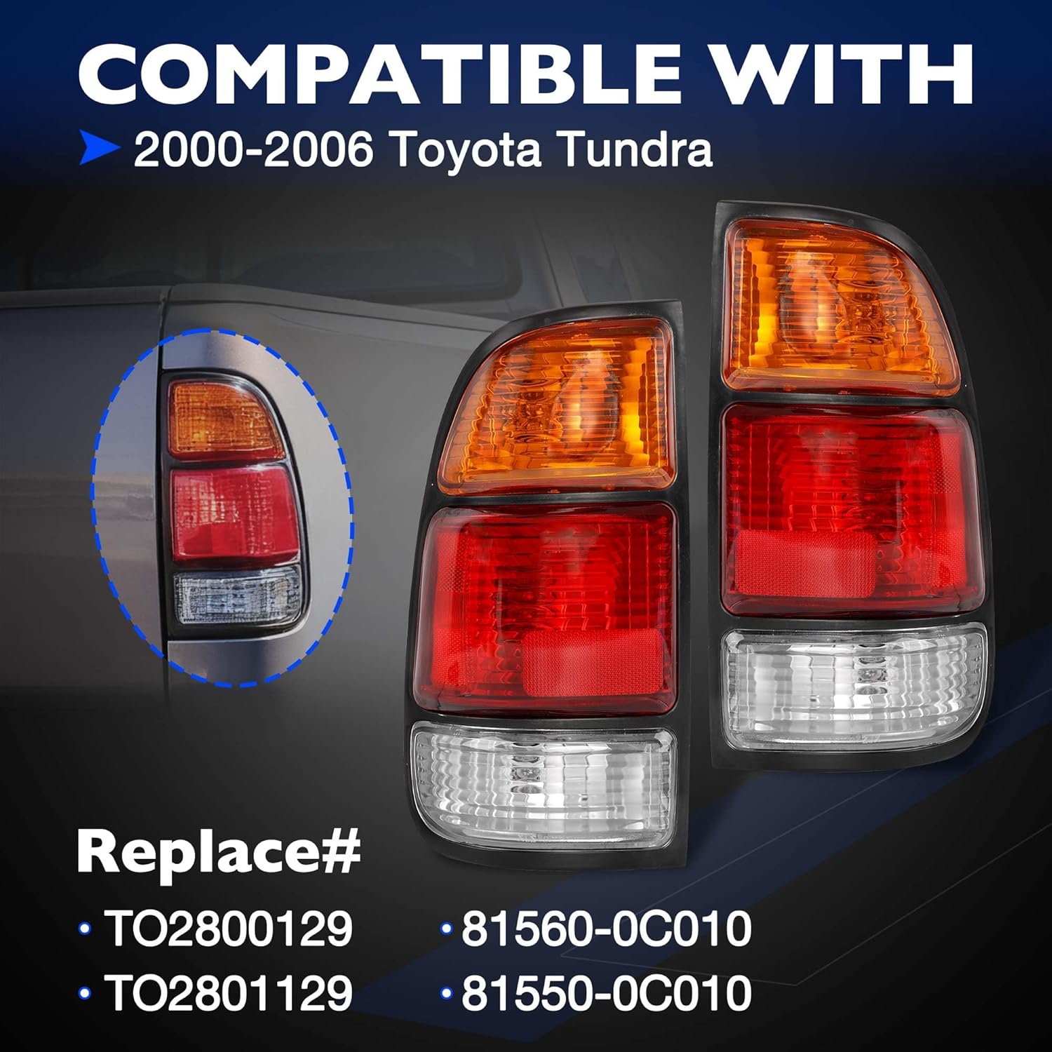 Tail Light Assemblies Compatible with Toyota Tundra 2000-2006 Regular & Access Cab, Left & Right Rear Lamp Brake Lamps Set, Replaces 81560-0C010, 81550-0C010, TO2801129, TO2800129