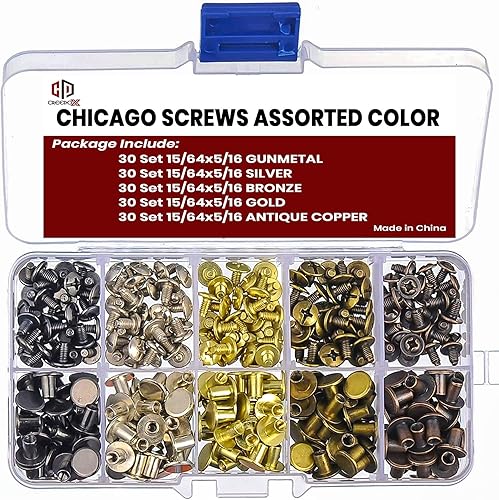 CREEDOX Chicago Screws 150 juegos aleación de zinc de 516 pulgadas remaches de tornillo de cabeza plana con caja de almacenamiento transparente