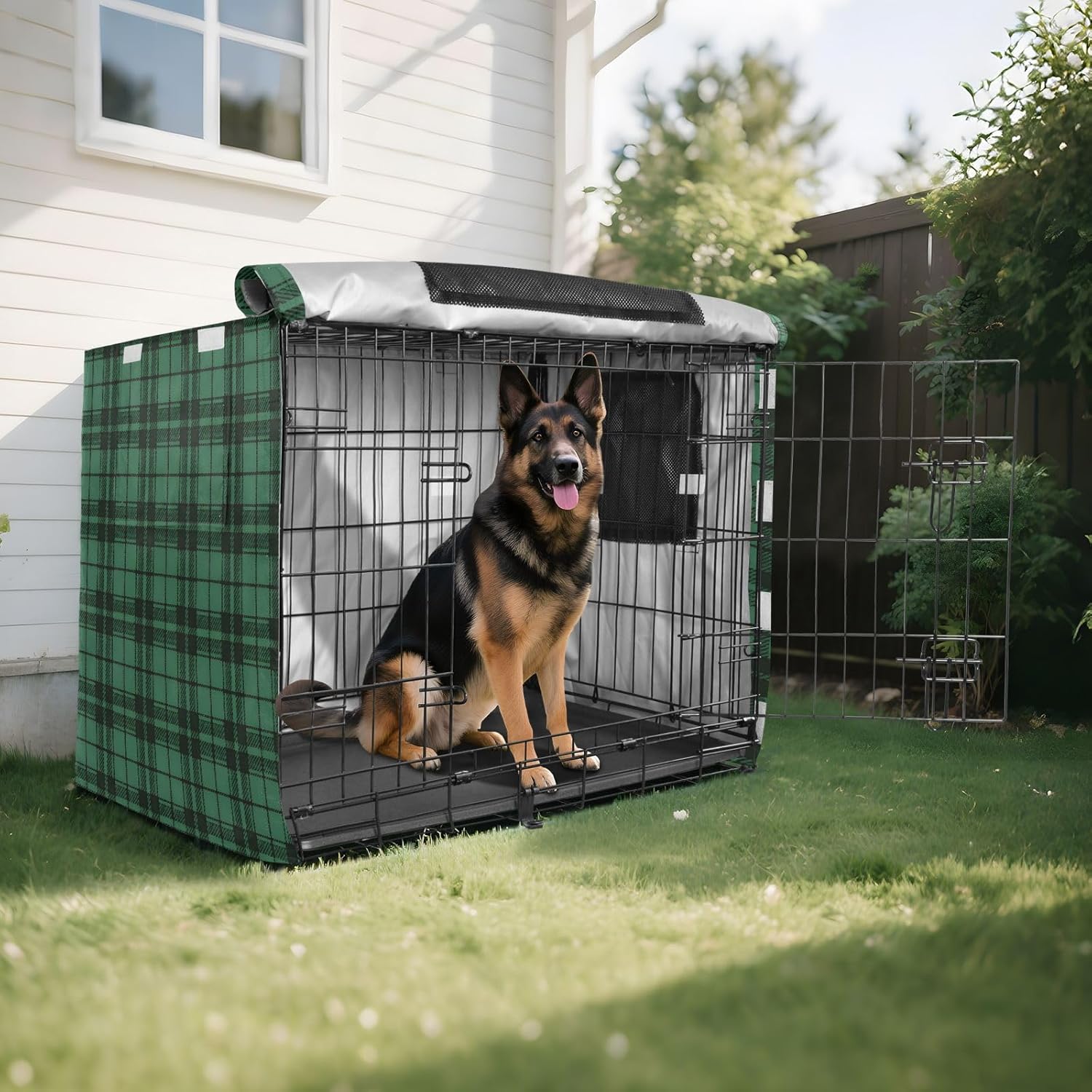 Dark Green Plaid Dog Crate Cover 600D Oxford Pet Kennel Cover with Mesh Window for Dog Cages, Windproof Waterproof Machine Washable, 48"x30"x33"