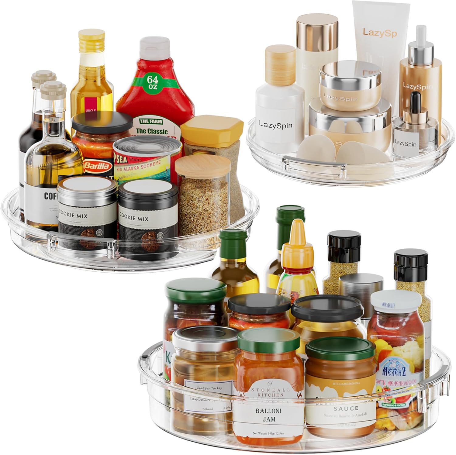 3-Pack Clear Lazy Susan Organizer for Kitchen, Pantry & Bathroom