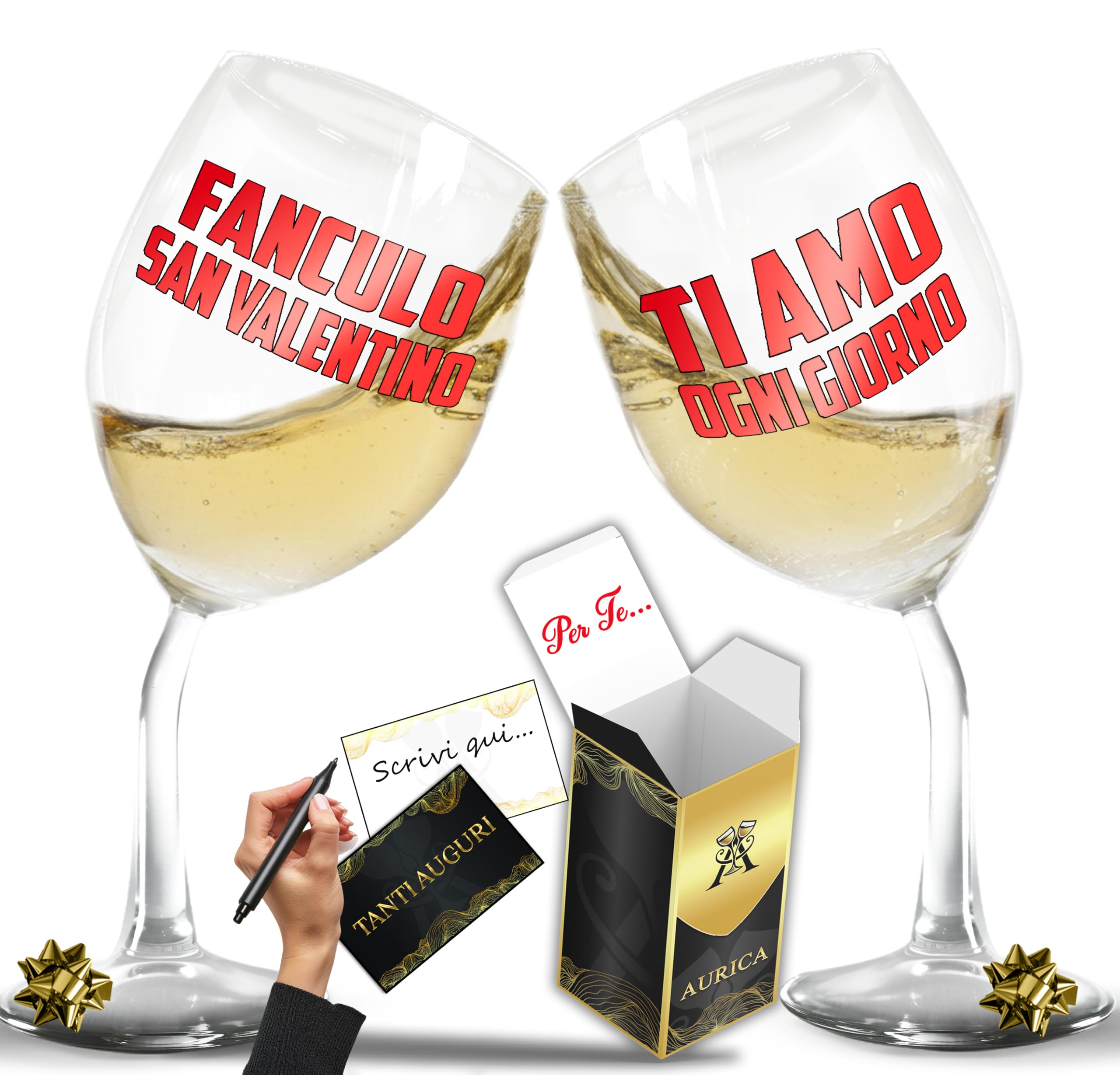 Coppia Calici Vino Personalizzati FAN*LO SAN VALENTINO – TI AMO OGNI GIORNO – 2 Bicchieri Piegati Per Brindisi Fuori Dal Comune Ma Pieni D’Amore Con Confezione Regalo Inclusa