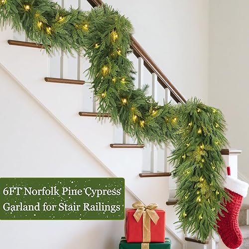 Miniatura 6 de Guirnalda de pino Norfolk de Navidad de 6 pies con 30 luces blancas cálidas, 8 modos y temporizador, 80 pinos Norfolk y 20 hojas de ciprés para