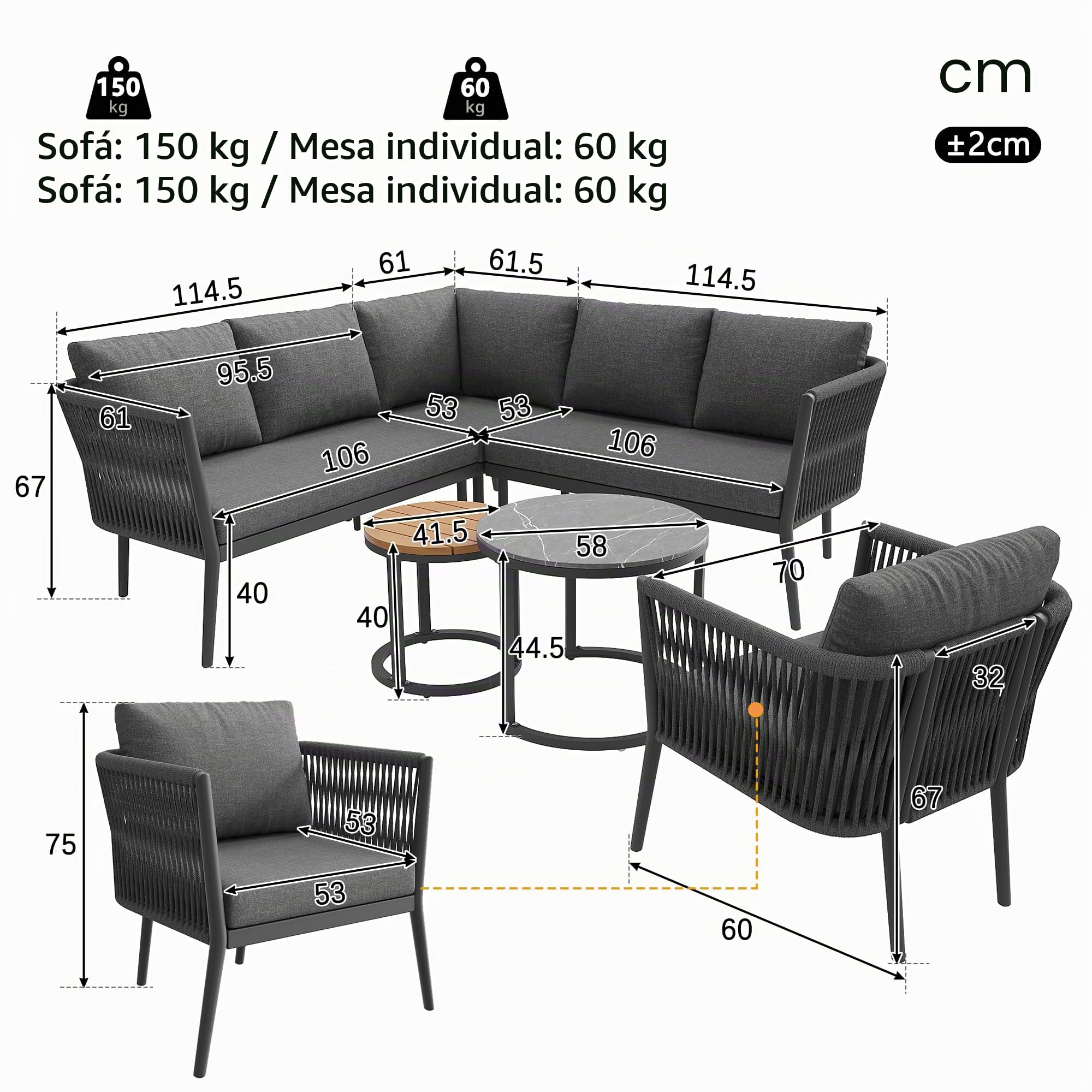Conjunto de Muebles de Jardín Exterior 7 Piezas Juego de Salón de Jardín con 2 Sofá de 2 Plazas 1 Sillon 1 Sofá de Esquina y 2 Mesa, Muebles de Jardin con Cojines, Conjunto Mesa y Sillas, Gris