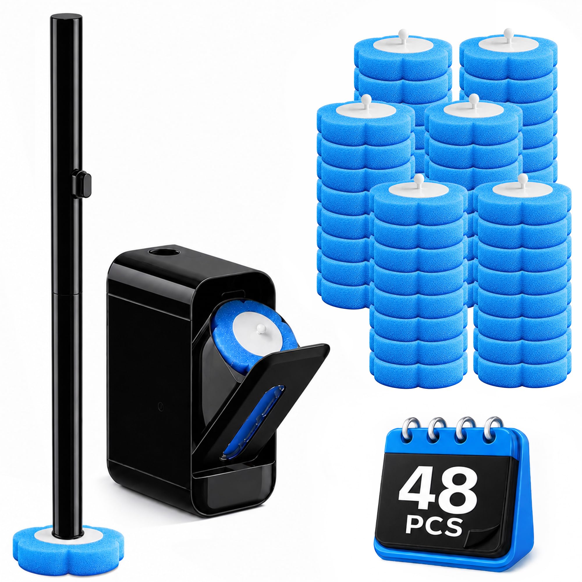 Disposable Toilet Brush Wand with Holder: 48 Refills Long Handle Wall Mounted Storage Caddy - Sudsy Cleaning System Kit for Bathroom Bowl Bathtub Sink Basin in Tiny Spaces, Black