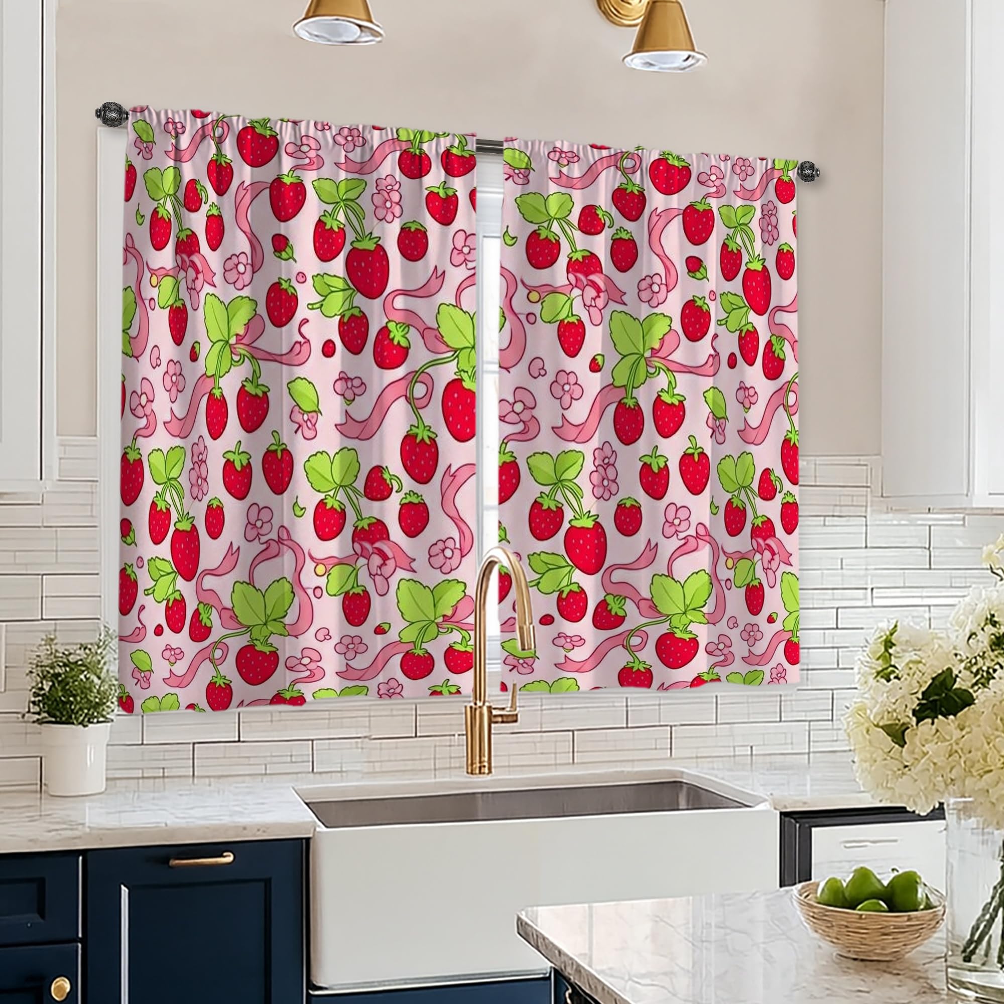 Rideaux de cuisine fantaisistes occultant léger à motif fraise pour coin repas