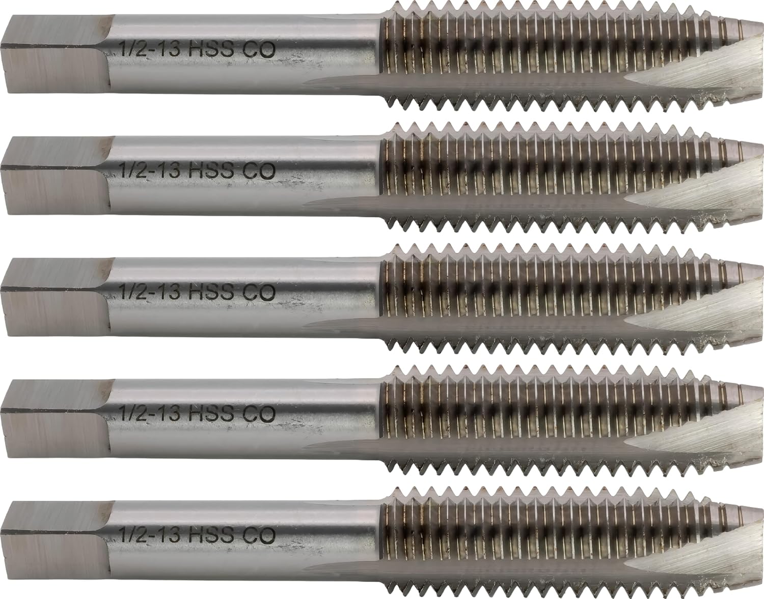 5 pcs M35 Cobalt Steel Spiral Point Threading Taps, 1/2-13 UNC, H3, 3 Flute, Bright (Uncoated) Finish
