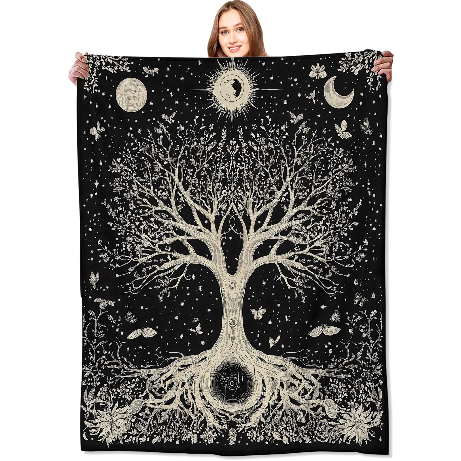 VODRM Tree of Life Retro Blanket Mystical Spiritual Seekers Black Throw Blankets,Birthday Gifts for Women Men,Lightweight Soft Fleece Cozy for Sofa