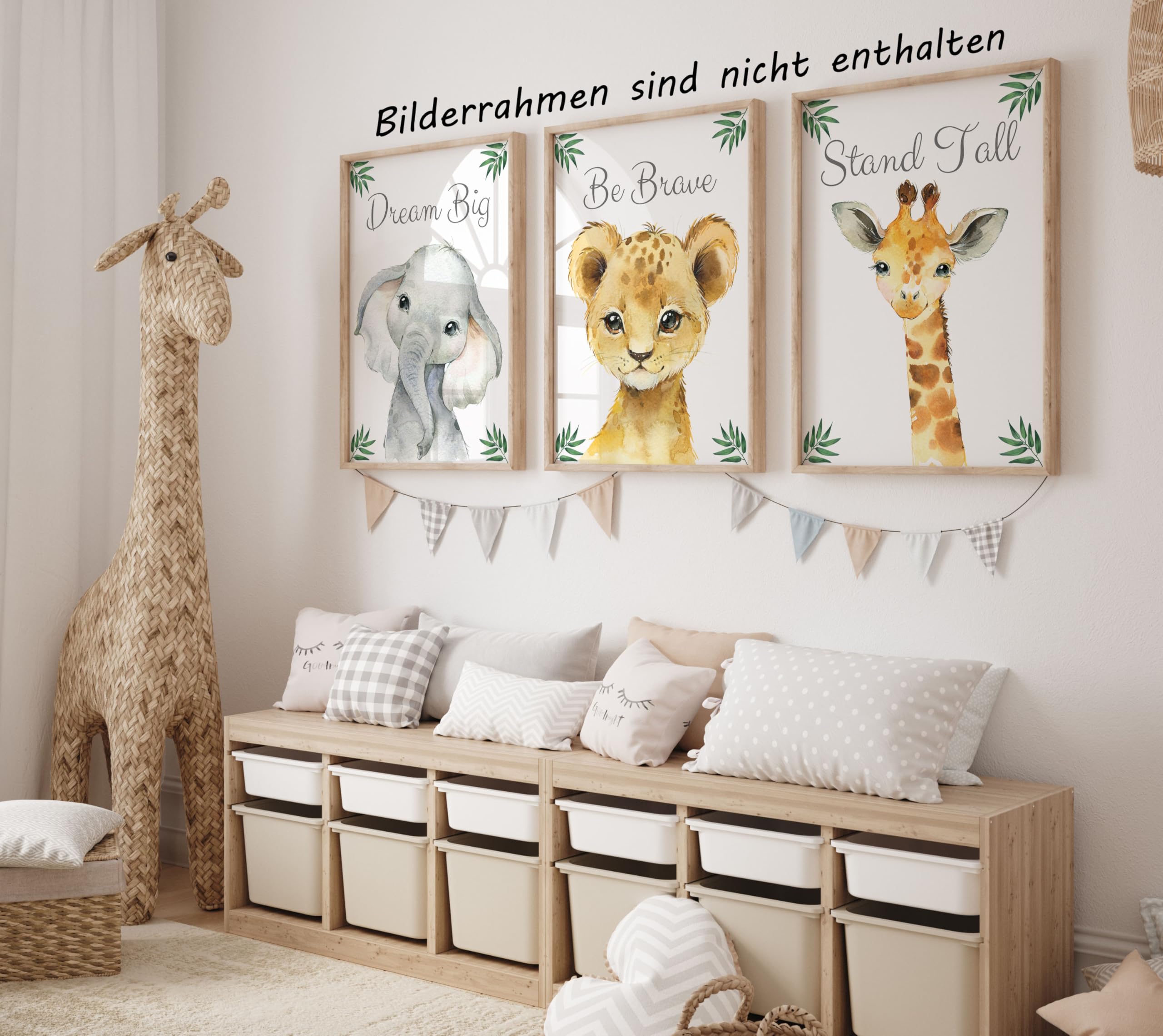 Eviepops Prints Set aus 3 Safaritieren für Kinderzimmer von Jungen und Mädchen, Ungerahmter Druck, Schlafzimmerdekor, Dschungeldekoration, Dekor im Babyzimmer, elefant giraffe löwe, Dream Big (A3)