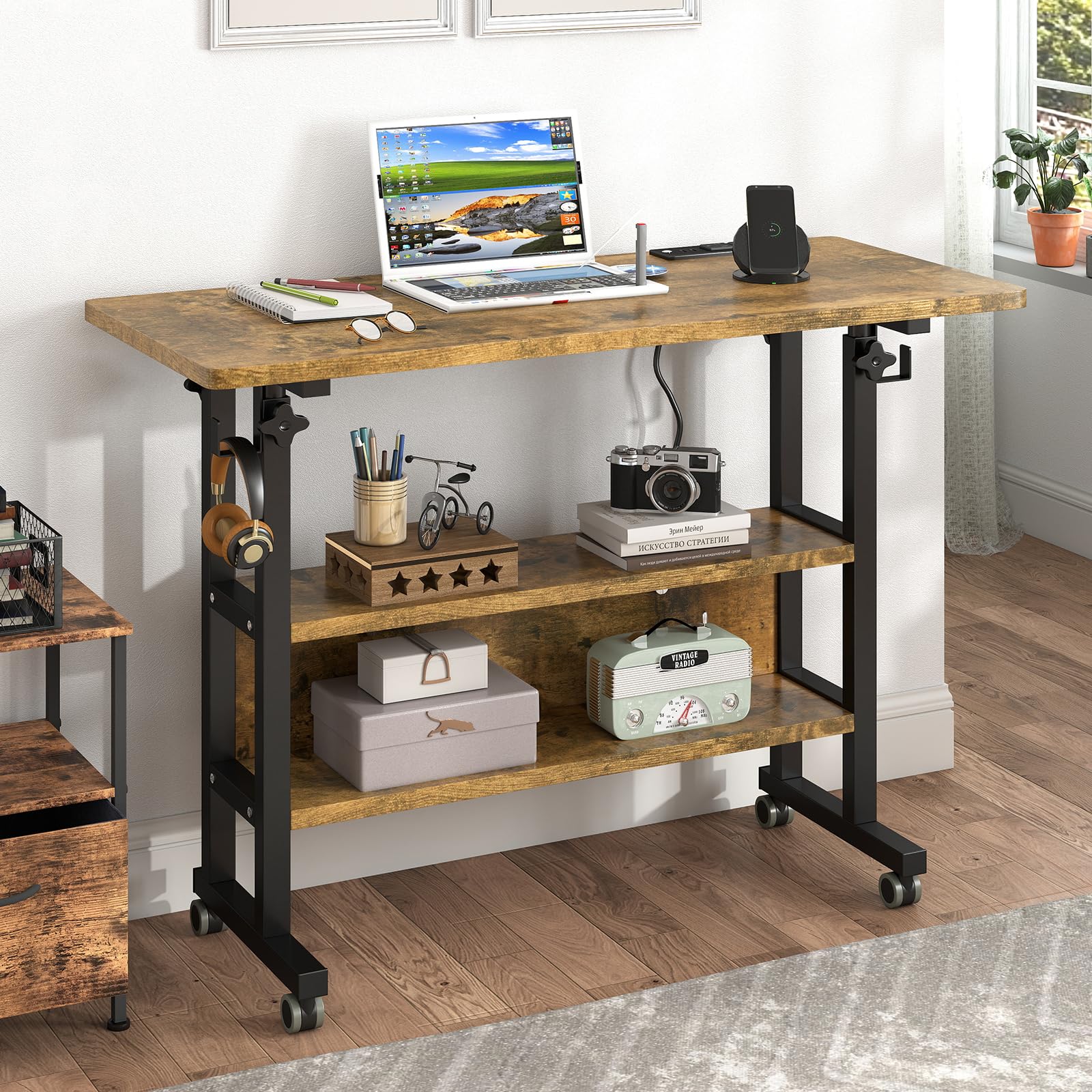 Hadulcet Small Standing Desk with Charging Station, Rolling Desk Adjustable Height, Mobile Laptop with Wheels, Portable Stand Up for Treadmill Walking Pad, 31.5 x 15.7 in, Rustic Brown