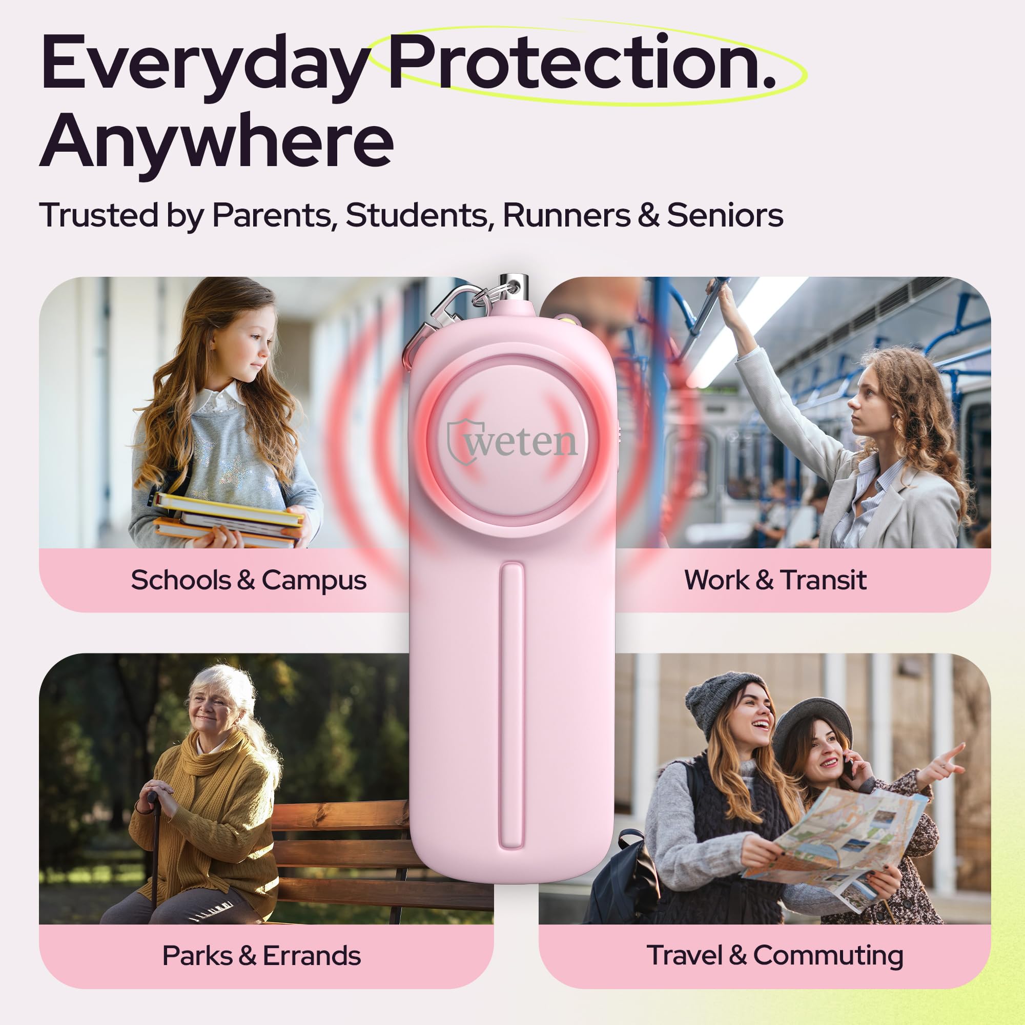 Weten Lot de 3 porte-clés sirène de sécurité avec alarme puissante pour femme – Dispositif d'alerte personnelle avec lumière LED – 130 dB – Sifflet de sécurité d'urgence – Porte-clés WETEN, noir et