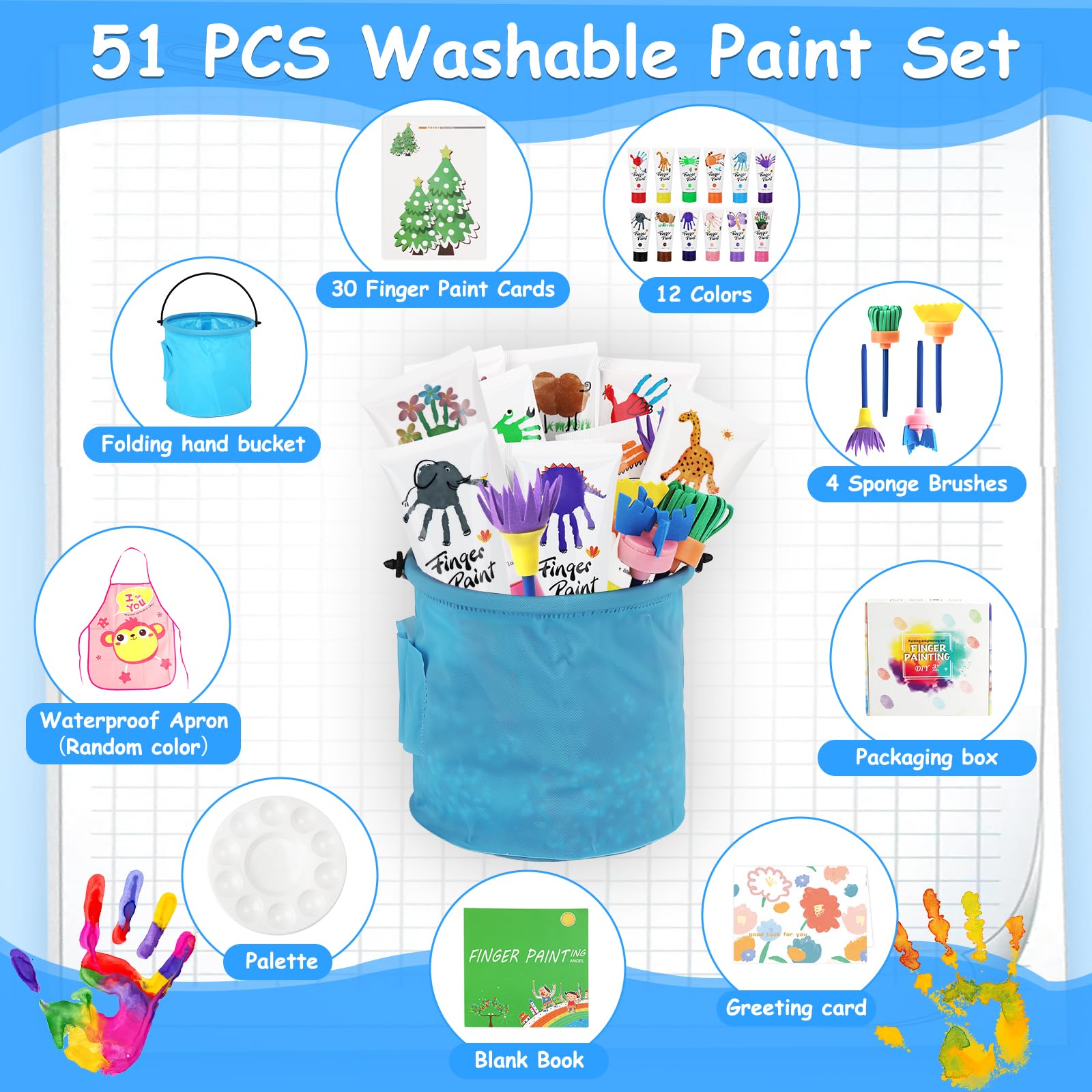 Pintura de Dedos para Niños Lavable,51 Pcs Juego de Pintura para Dedos No Tóxicas,12 Colores (60ml),con Pinceles,Esponja,Paleta y Bata,Niños Pintura Temprana Artes DIY Artesanías