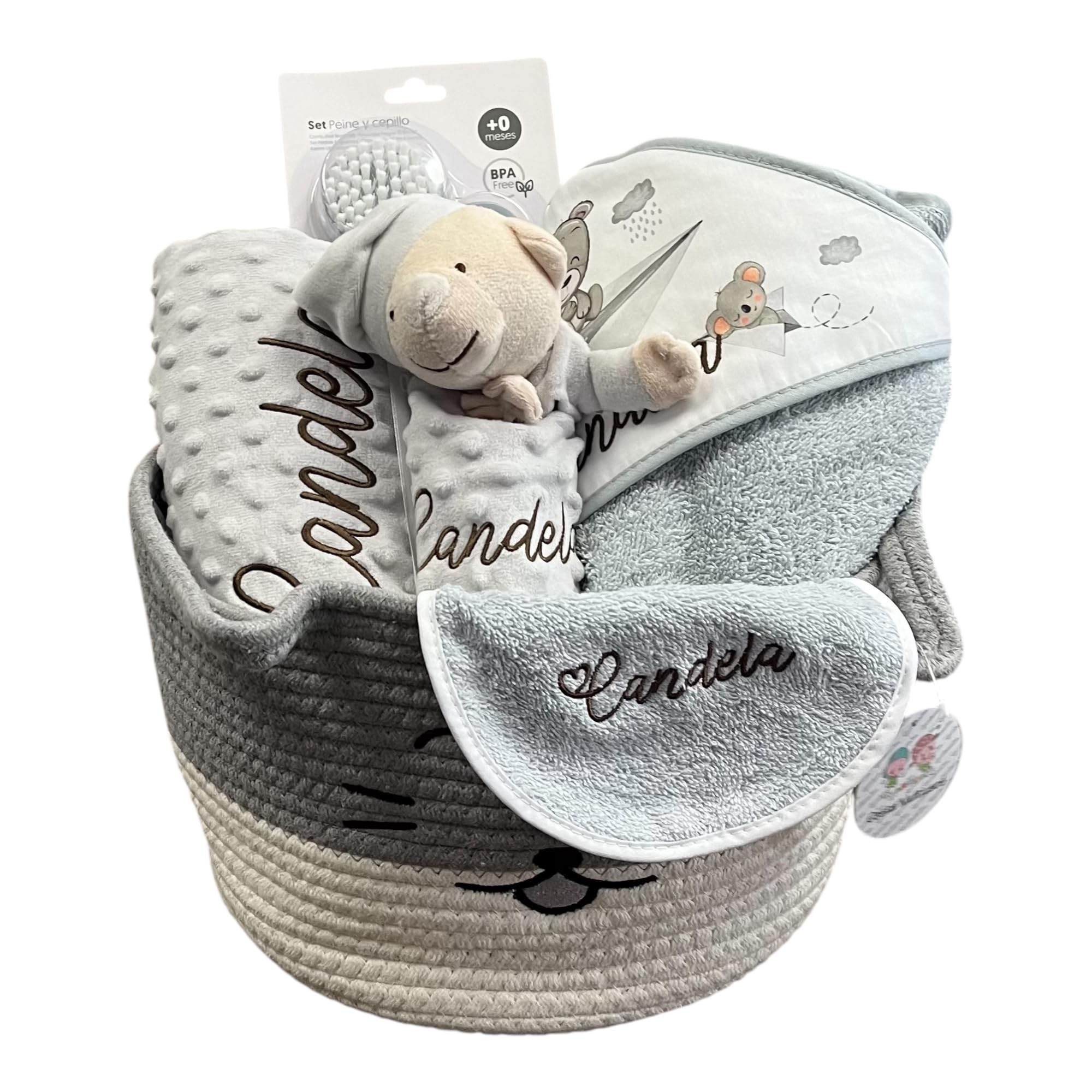 Danielstore Canastilla Bebé Personalizada Cesta Regalo Incluye Manta + Dou Dou + Toalla Baño Bebé + Babero Personalizado Regalo para Recién Nacidos (Gris Cesta Multiusos Peine)