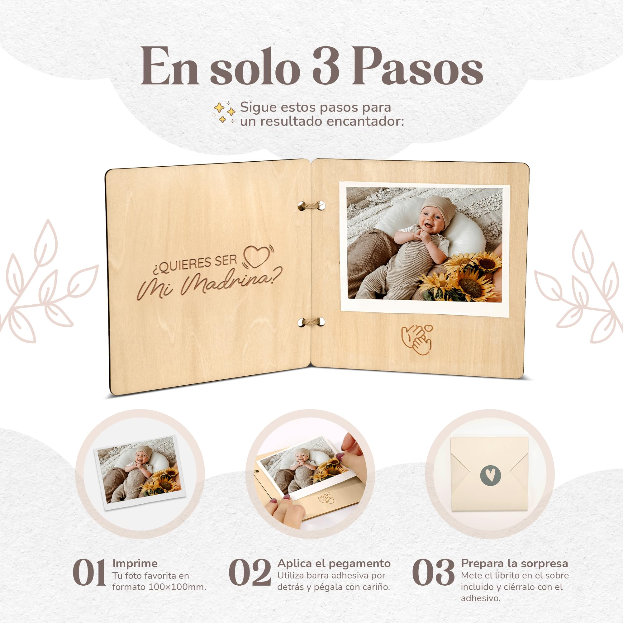 Quieres ser mi madrina de bautizo? Quieres ser mi padrino? - Regalo padrinos bautizo - Padrinos bautizo propuesta en librito de madera con espacio para foto de tu bebé | Mikito