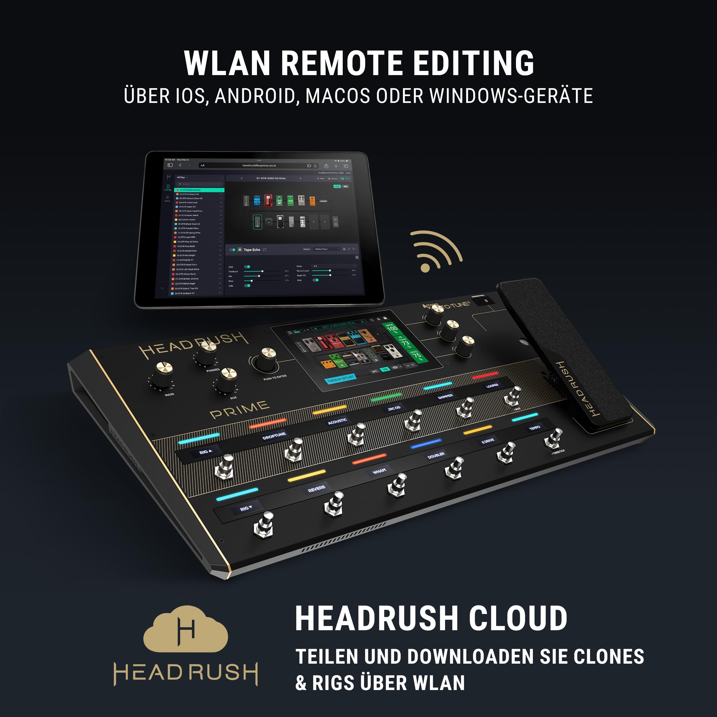 HeadRush Prime - Gitarren und Vocal Multi-Effekt-Pedal, Modelling-Prozessor mit Amp Cloner, Antares Auto-Tune, WLAN, Touchscreen, Looper und Bluetooth