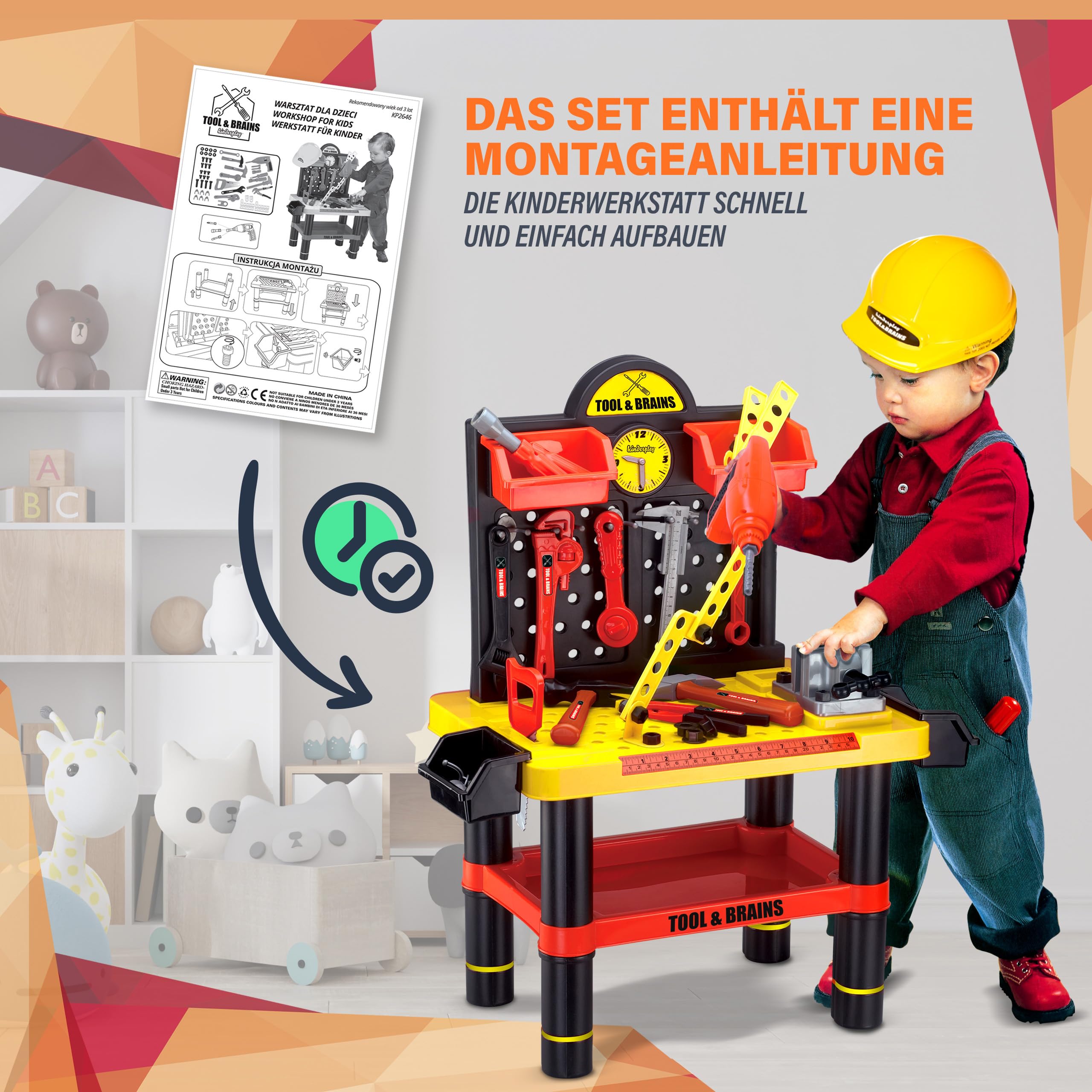 Kinderplay Warsztat dla Dziecka - warsztat dla dzieci, zestaw majsterkowicza z wiertarką i kaskiem, KP2646