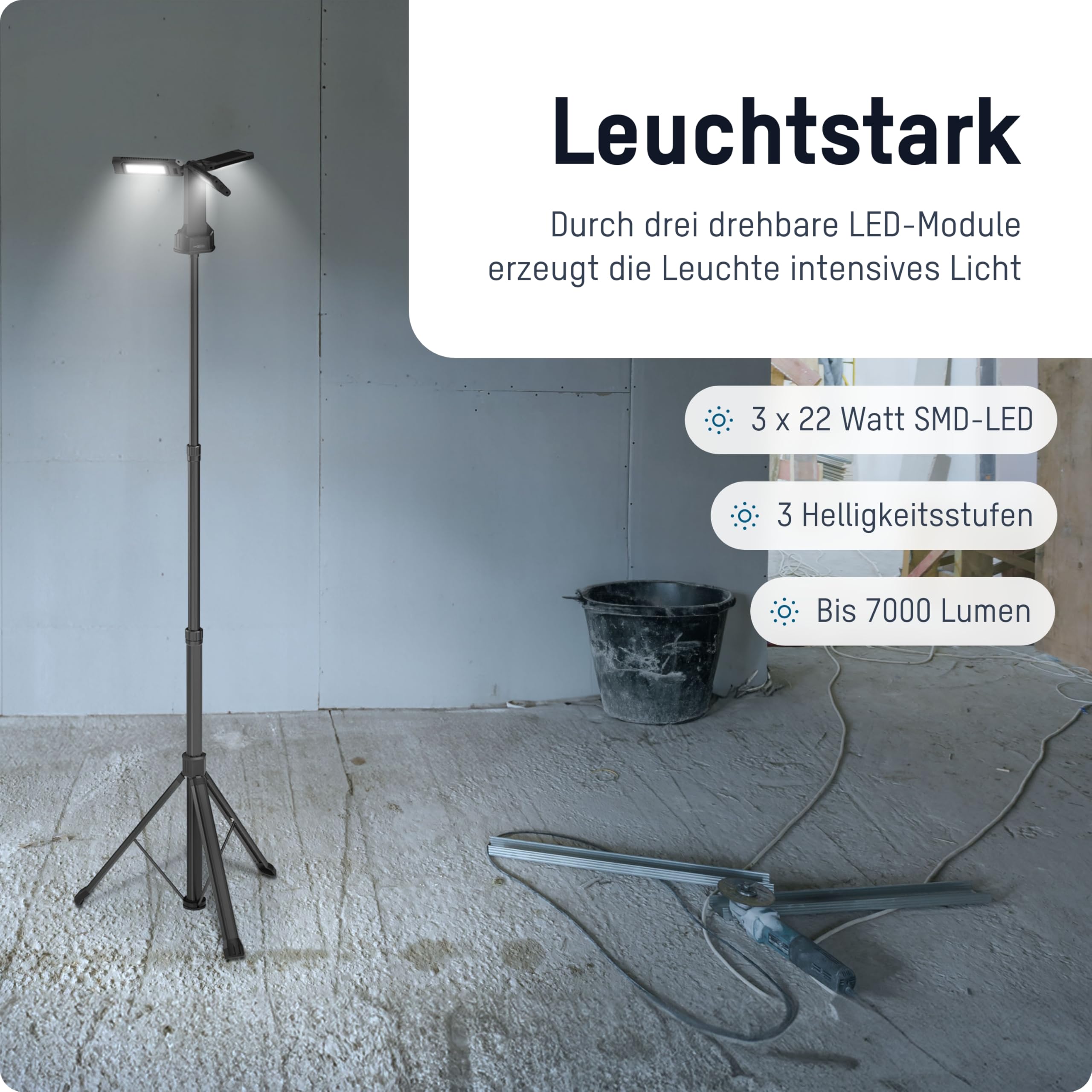 ANSMANN LED Arbeitsleuchte mit Stativ 2m, robust & sehr hell bis zu 7000 Lumen, 3x 22 Watt Strahler, Akkubetrieben, Höhenverstellbar, mit Haken & Magnete