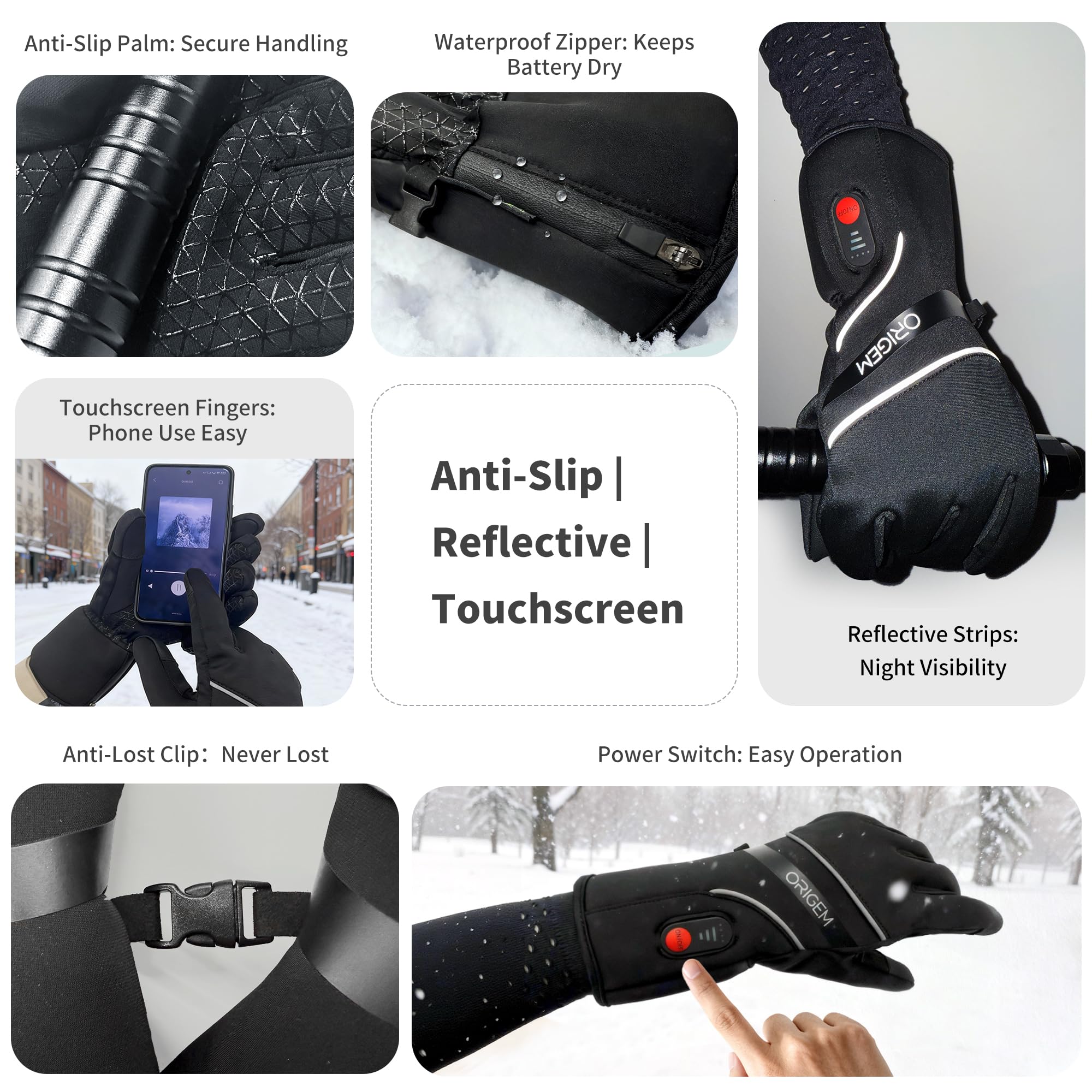 Origem Guantes Calentados Ultrafino 7.4V 6000mAh Batería Recargable Resistente al Agua Antideslizante Táctil Esquí Senderismo