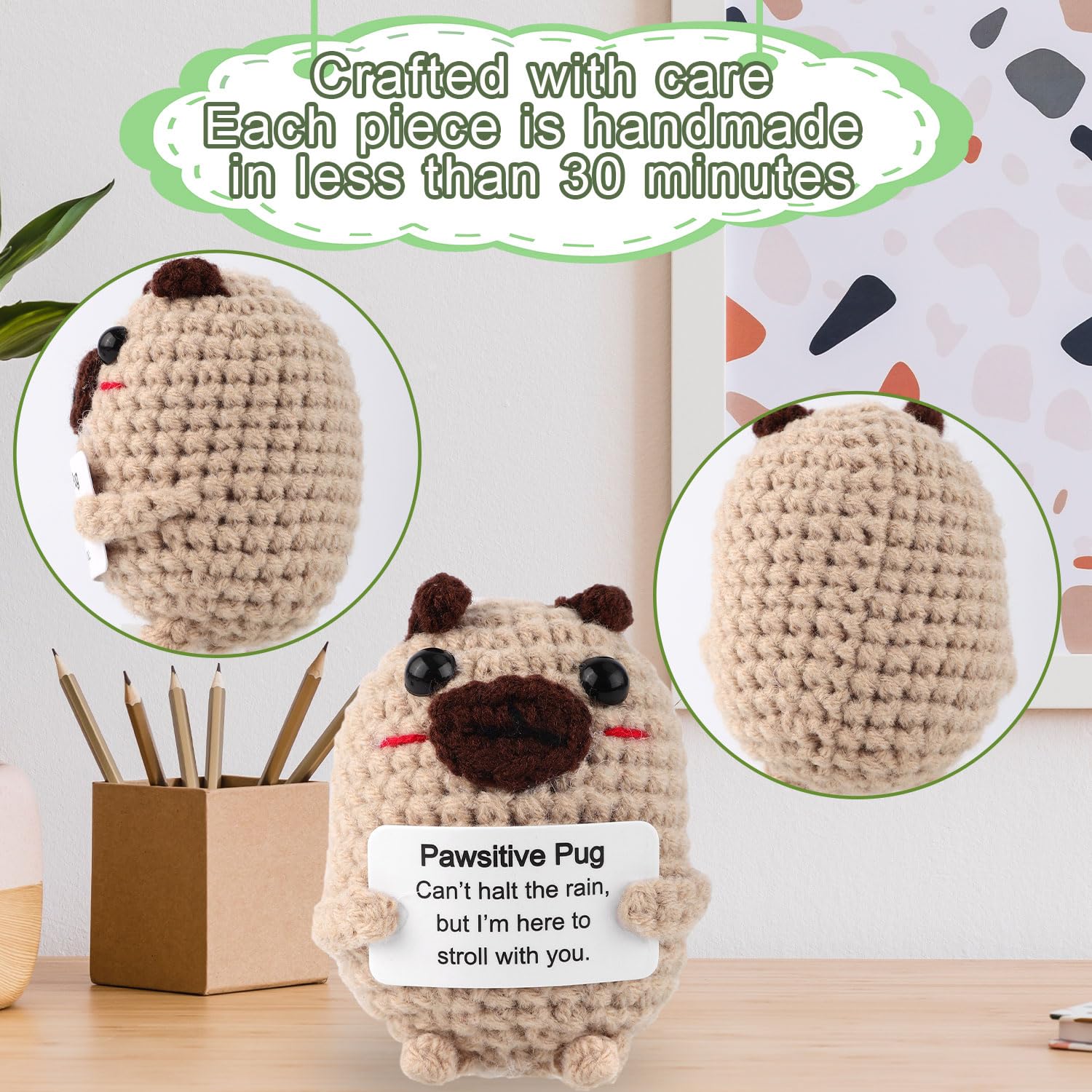 XIHIRCD Positive Crochet Dog Gift, 2.76x2.36in Cute Positive Pug Plush Positive Crochet Animals Knitted Dog Toys with Encouragement Card Emotional Positivity Support Gift for Family Friends - Image 3