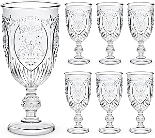 6 Pcs Plastic Goblets 7.5oz Vintage Goblet Plastic Wine Glasses Colored Retro Embossed Water Goblets for Wine Bar Juice Baby Shower Wedding Reception Grand Event Party (Clear)
