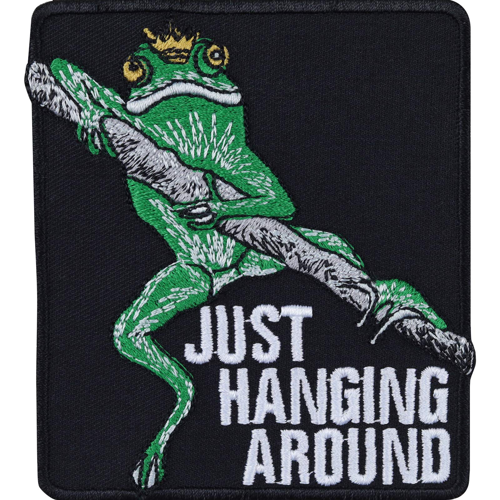 Froschkönig Aufnäher "Just hanging around" Frosch Aufbügler/Patch zum annähen | Kletter Chiller Bügelbild Paraglider Geschenk Applikation für alle Stoffe | 80x90mm