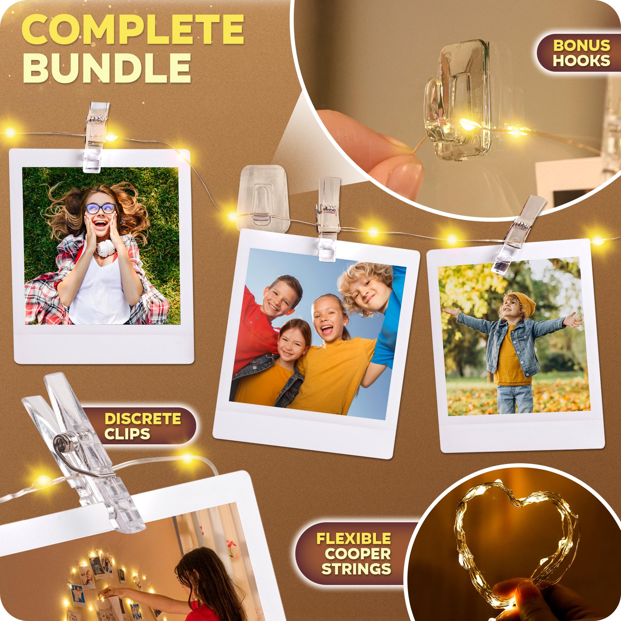 Photo Clips String Light - Copper String Lights (16.4ft) with 50 Transparent Clips & 50 Warm White LED - Fairy Lights with.