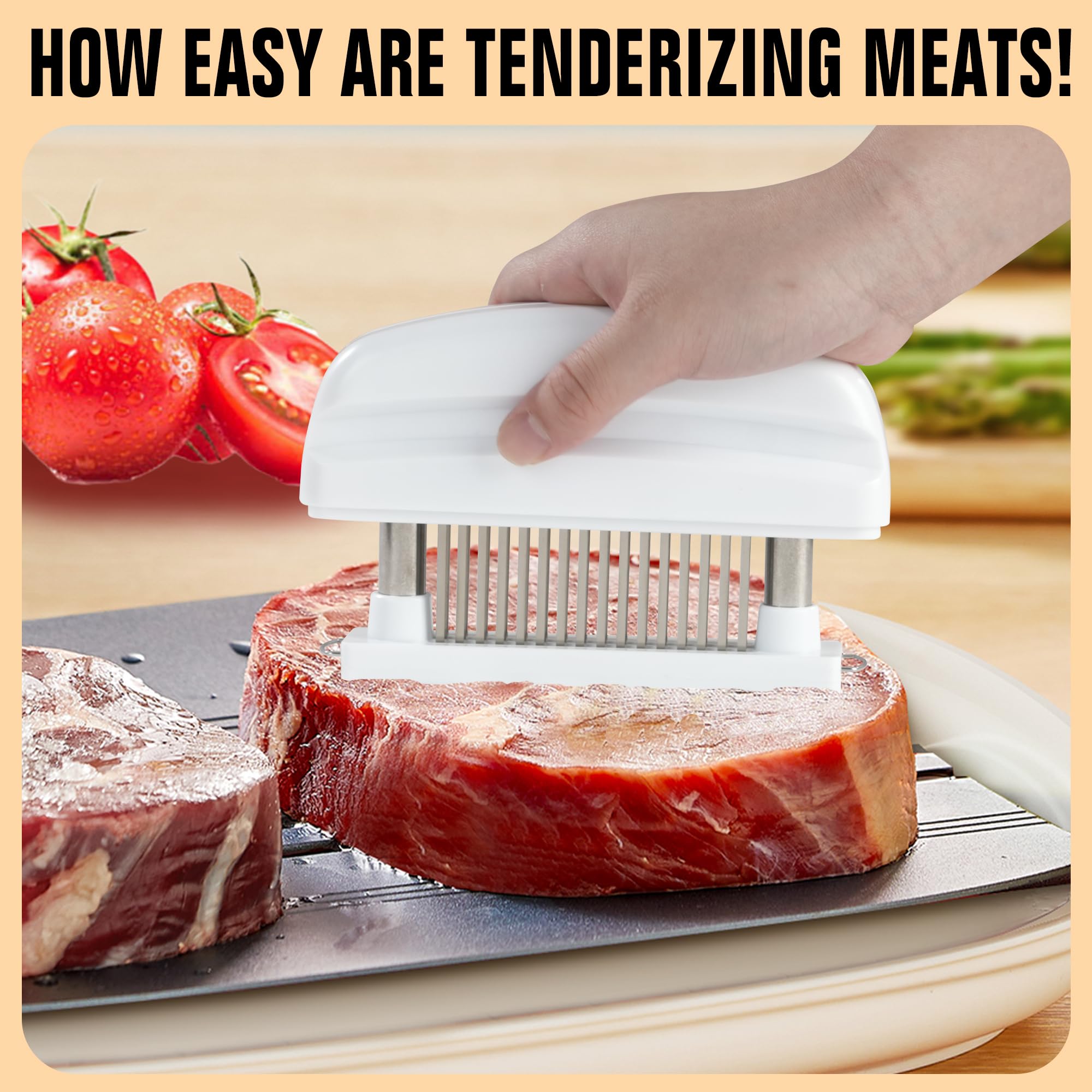Meat Tenderizer with 48 Stainless Steel Blades - Heavy Duty Kitchen Tool for Tenderizing Beef, Chicken, Pork, Steak & More (White)