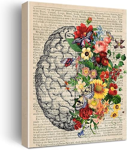 Póster vintage de anatomía humana, lienzo de anatomía, arte de pared, diseño anatómico de flores de cerebro, lienzo floral, pintura lista para