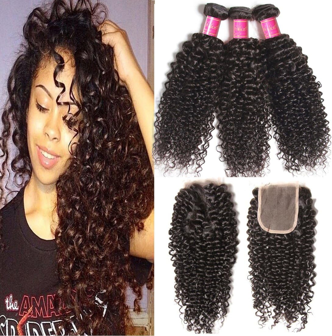 ALI JULIA 12 14 16+12 Inch Brazilian Virgin Curly Hair Weft 3 Bundles with 1PC 4 * 4 Three Part Lace Closure 100% Unprocessed Human Hair Weave Extensions Natural Color