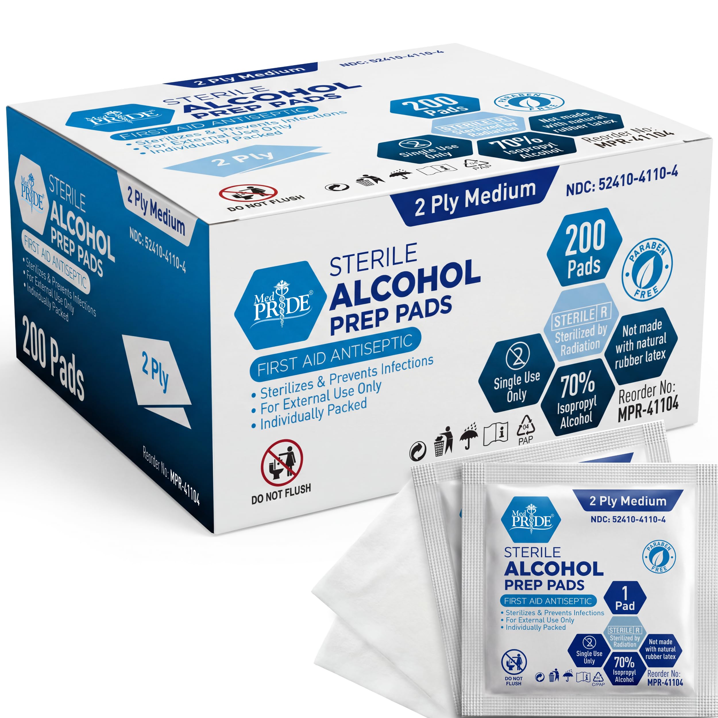 MED PRIDE Sterile Alcohol Prep Pads, Antiseptic, 70% Isopropyl, Individually Wrapped, Medical Grade 2 Ply Wipes (200 Count (Pack of 1) White)