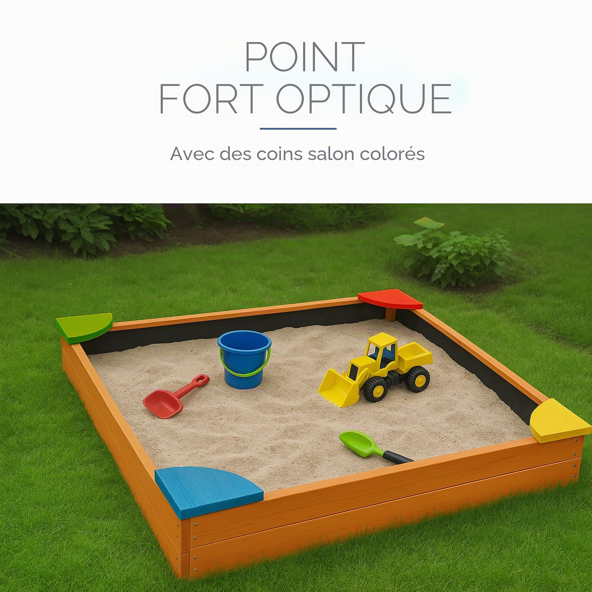 Bestlivings Bac à sable en bois avec couvercle 90 x 90 x 16 cm - Avec tapis de sol contre les mauvaises herbes et les insectes - Bac à sable avec coins colorés pour le jardin