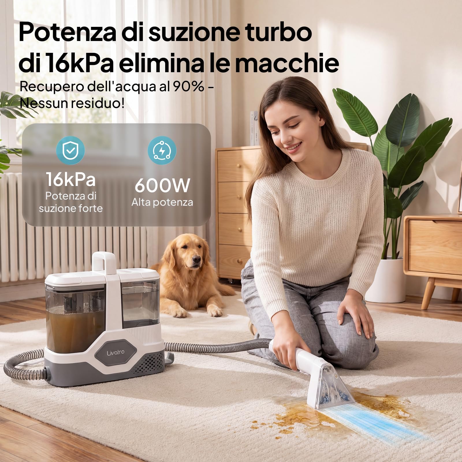 Livatro Lavatappeti e Divani Lava e Asciuga, 600W 16KPa Lavatappeti, Serbatoio da 2,3L, Lava Divano con Sistema di Autopulizia, Aspirapolvere Tessuti per Divano, Tappeti, Moquette, Tappezzeria e Auto