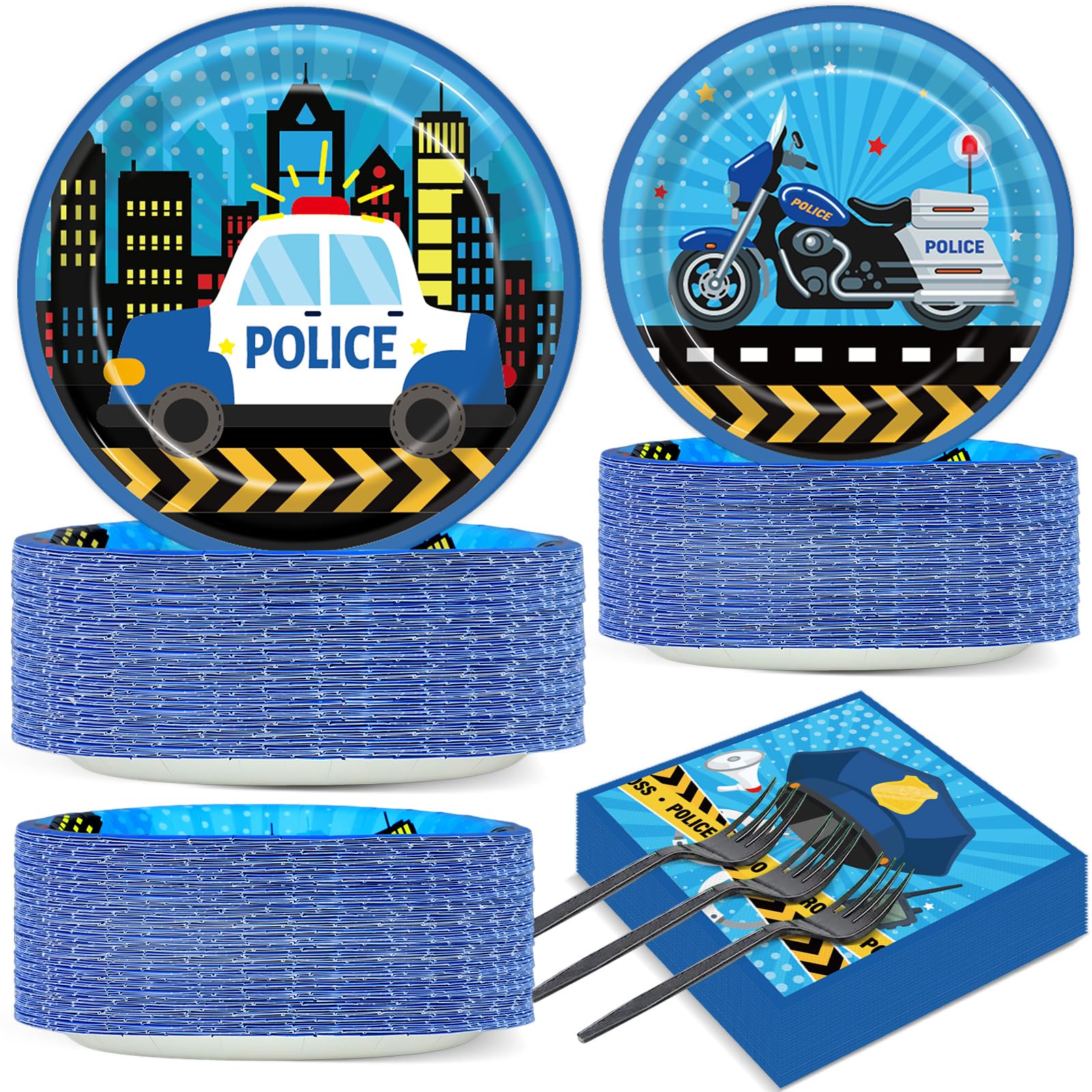 Qyeahkj 50 Guests Police Plates and Napkins Party Supplies Police Car Party Decorations Disposable Tableware Set Police Officer Paper Dinnerware Favor for Boys Kids, 200PCS