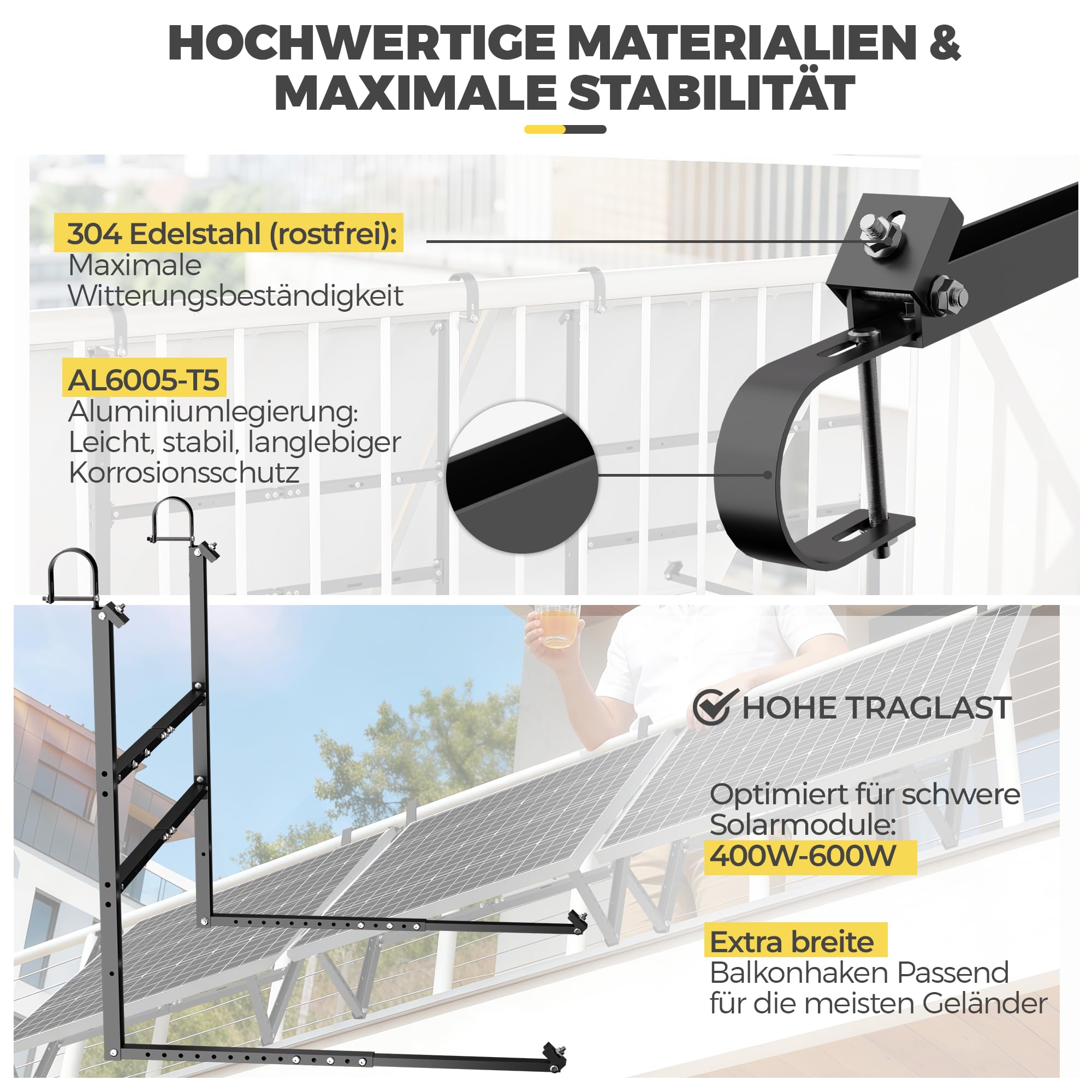 GLIESE Balkonkraftwerk Halterung für 400W-550W Solarmodule - 15°-45° verstellbar aus stabilem Aluminium, inkl. Haken für rundes Geländer - Für Balkon, Flachdach, Wand (Schwarz)