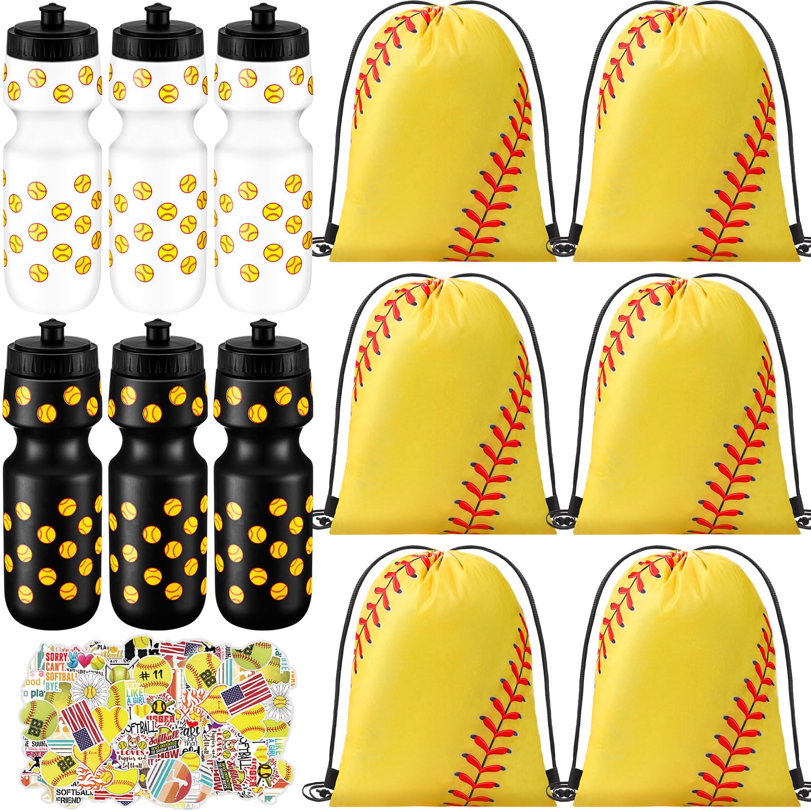 Skybooly 12 Pcs 24 Oz Softball Water Bottle Bulk Drawstring Bag and 50 Sticker Set Include 6 Softball Theme Squeeze Water Bottle 6 Drawstring Backpack for Team Gifts Sport Events Party Favors