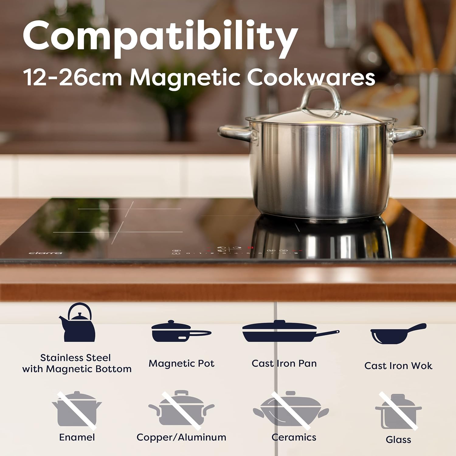 CIARRA CBBIH3B Piano Cottura a Induzione 3 Fuochi 6200W con Funzione Booster Controllo tattile timer Vetroceramico 9 Livelli Blocco Bambini Nero