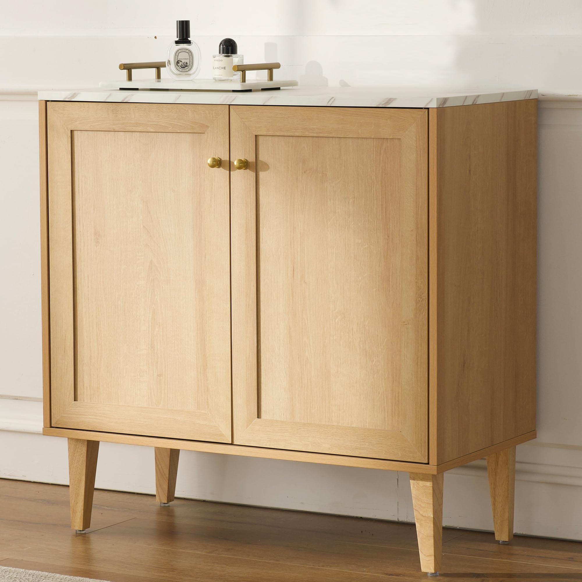 HoeuThien Modern Storage Cabinet Freestanding Accent Cabinet Sideboard Buffet with Faux Marble Top & Adjustable Shelves Wooden Organizer for Dining