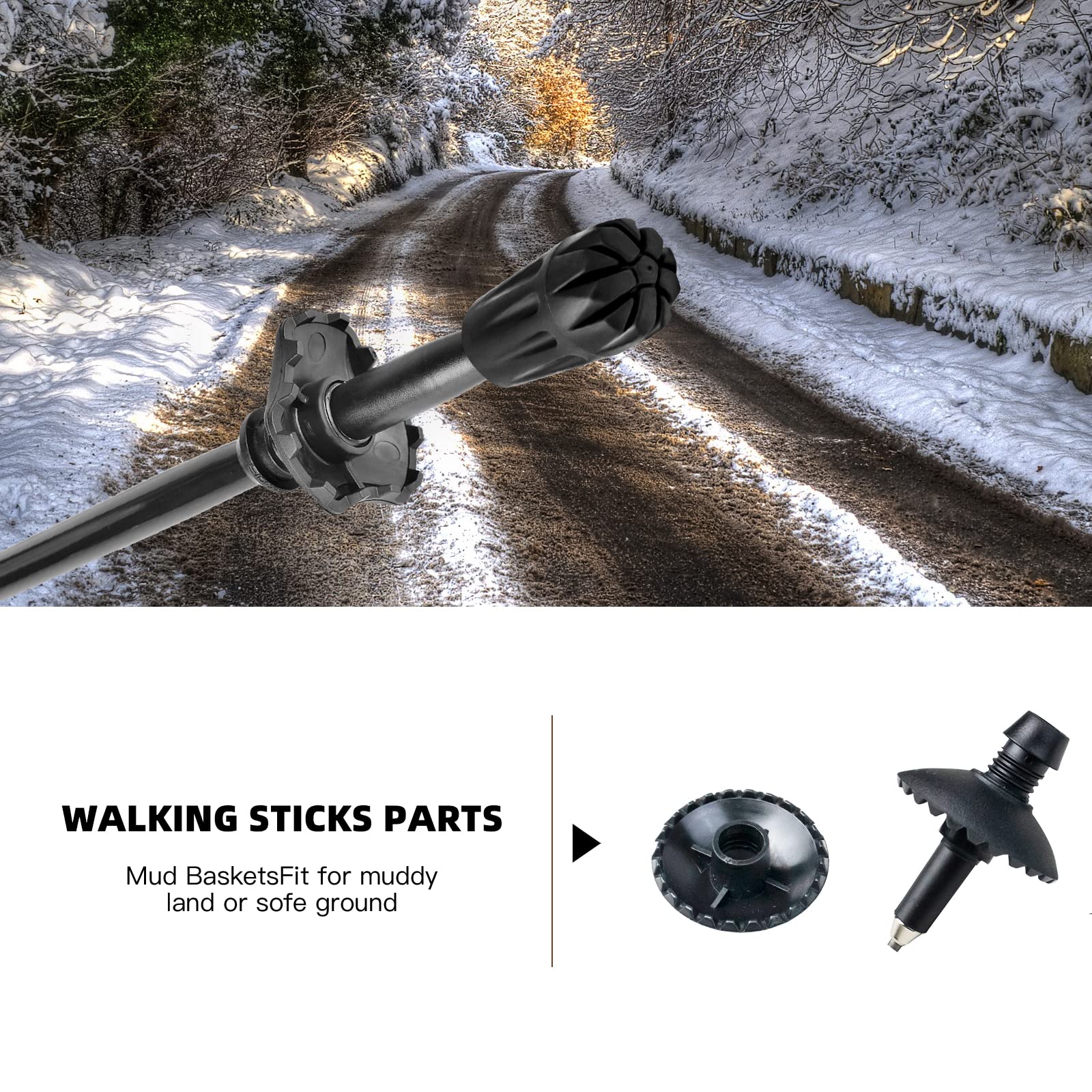 6 Pack Hiking Walking Sticks Rubber Tips, Snow Baskets, or Replacement Tips Protectors, or Mud Baskets Set for Trekking Poles (Trekking Pole Rubber Tips & Snow Baskets & Mud Baskets)