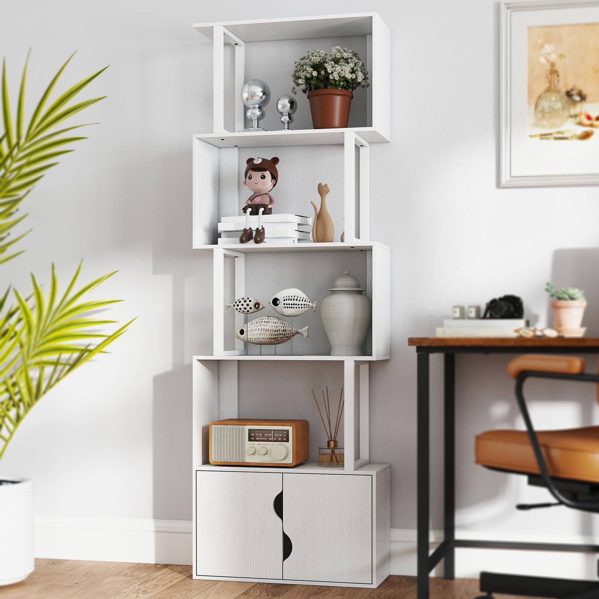 HOMCOM Librería de 5 Niveles en Forma de S 60x23,8x179,2 cm Blanco | Estantería de Libros, 5 Estantes, 2 Puertas, Sala de Estar, Oficina, Estudio, Dormitorio