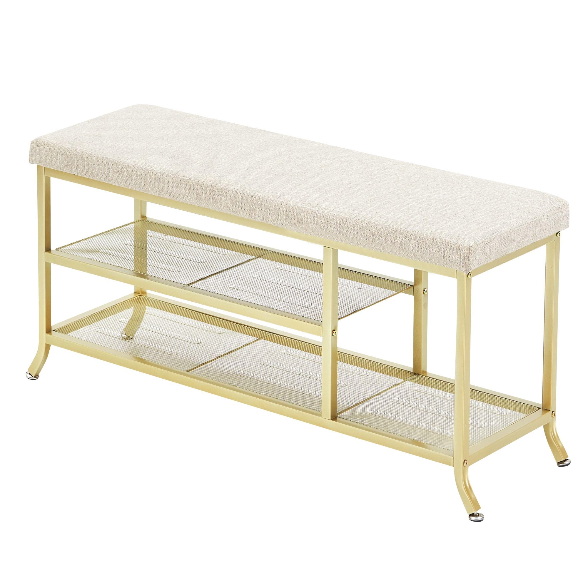 Shoe Storage Bench with Padded Seat, Shoe Rack Bench for Entryway, Shoe Storage Shelf with Metal Frame, 2-Tier Shoe Organizer Shelf for Hallway Bedroom Living Room Dorm Department, Gold