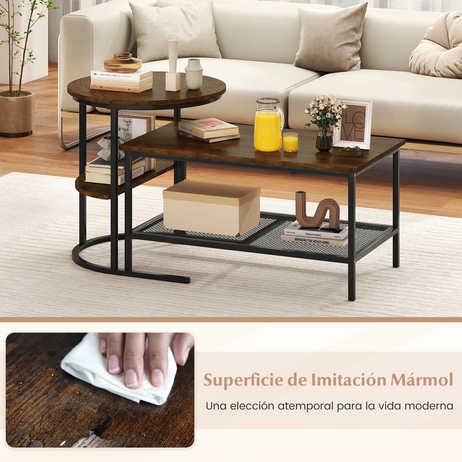 COSTWAY Juego de Mesa de Café 2 en 1, Mesa Redonda y Juego de Mesita Rectangular con Tapa de Mármol Sintético y Estante de Almacenamiento Adicional, para Sala de Estar, Dormitorio (Negro y Marrón)