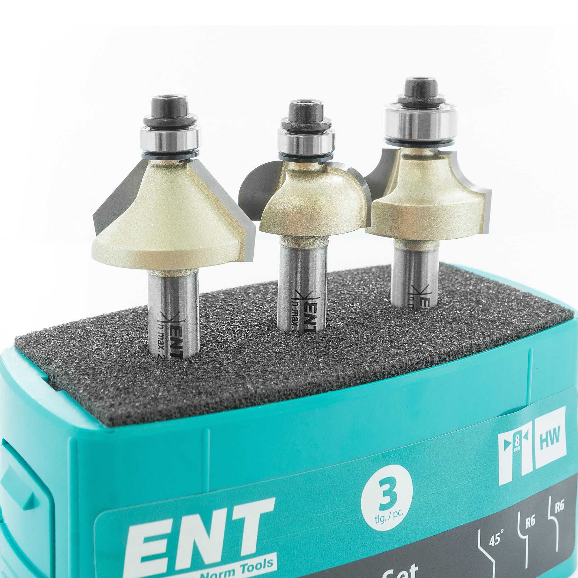 ENT 09063 3-częściowy zestaw frezów do krawędzi z węglikiem spiekanym, wałek (S) 8 mm, promień (R) 6 mm, kąt (E) 45°, do zaokrąglania i fazowania, wypukłe i wklęsłe
