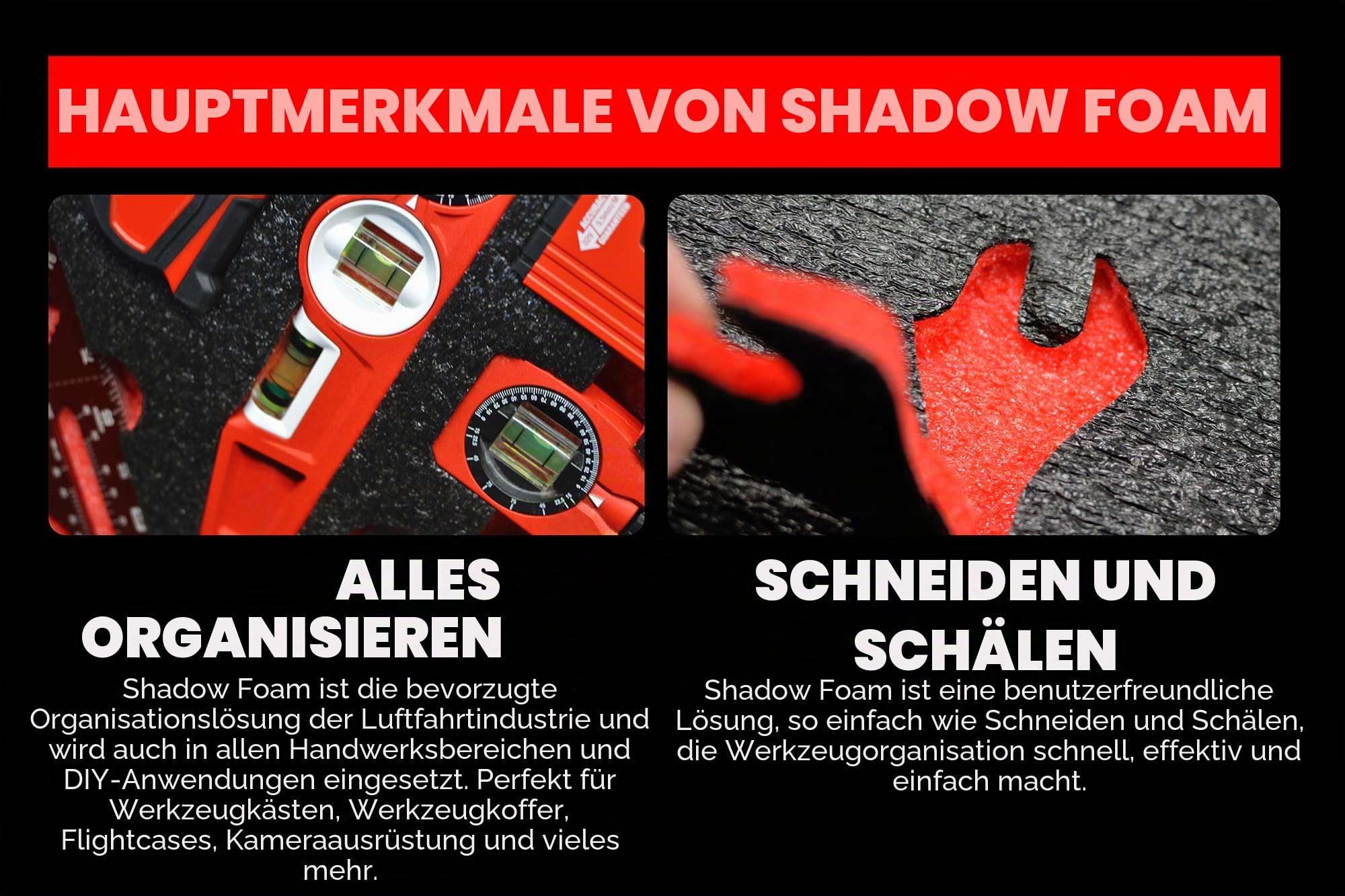 Shadow Foam Schaumstoffeinlagen für Milwaukee Packout Toolbox Box 2 & 3 – DIY Schaumstoffeinlage für Werkzeugkoffer Organisation – Werkzeugaufbewahrungssystem - Zweierpack - Rot (50 mm Tiefe)